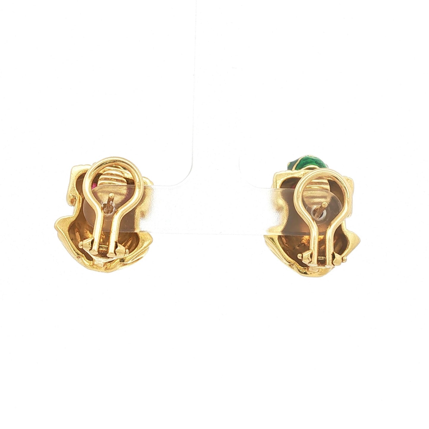 Green Enamel Frog Clip Earrings with Ruby Cabochon Eyes