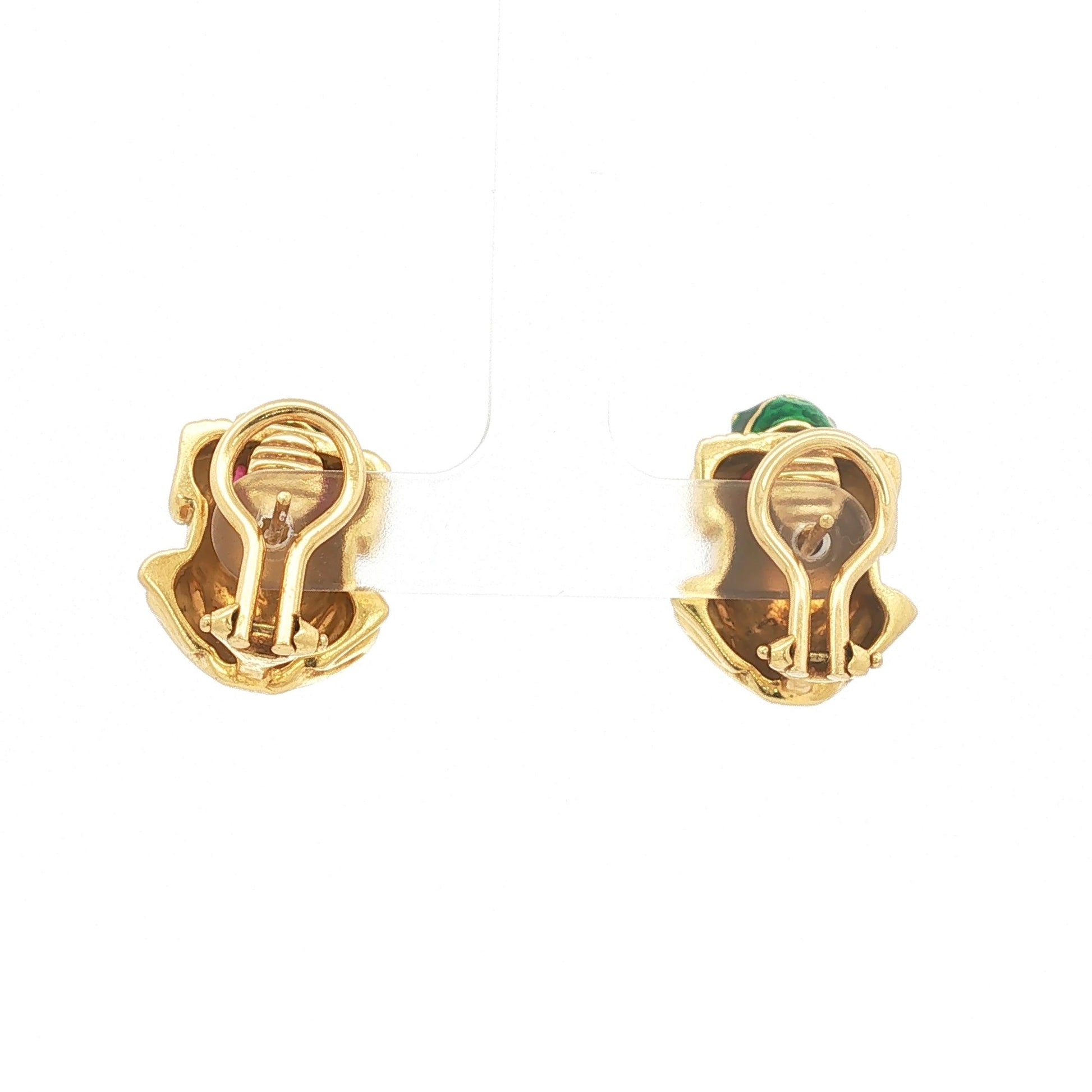 Green Enamel Frog Clip Earrings with Ruby Cabochon Eyes
