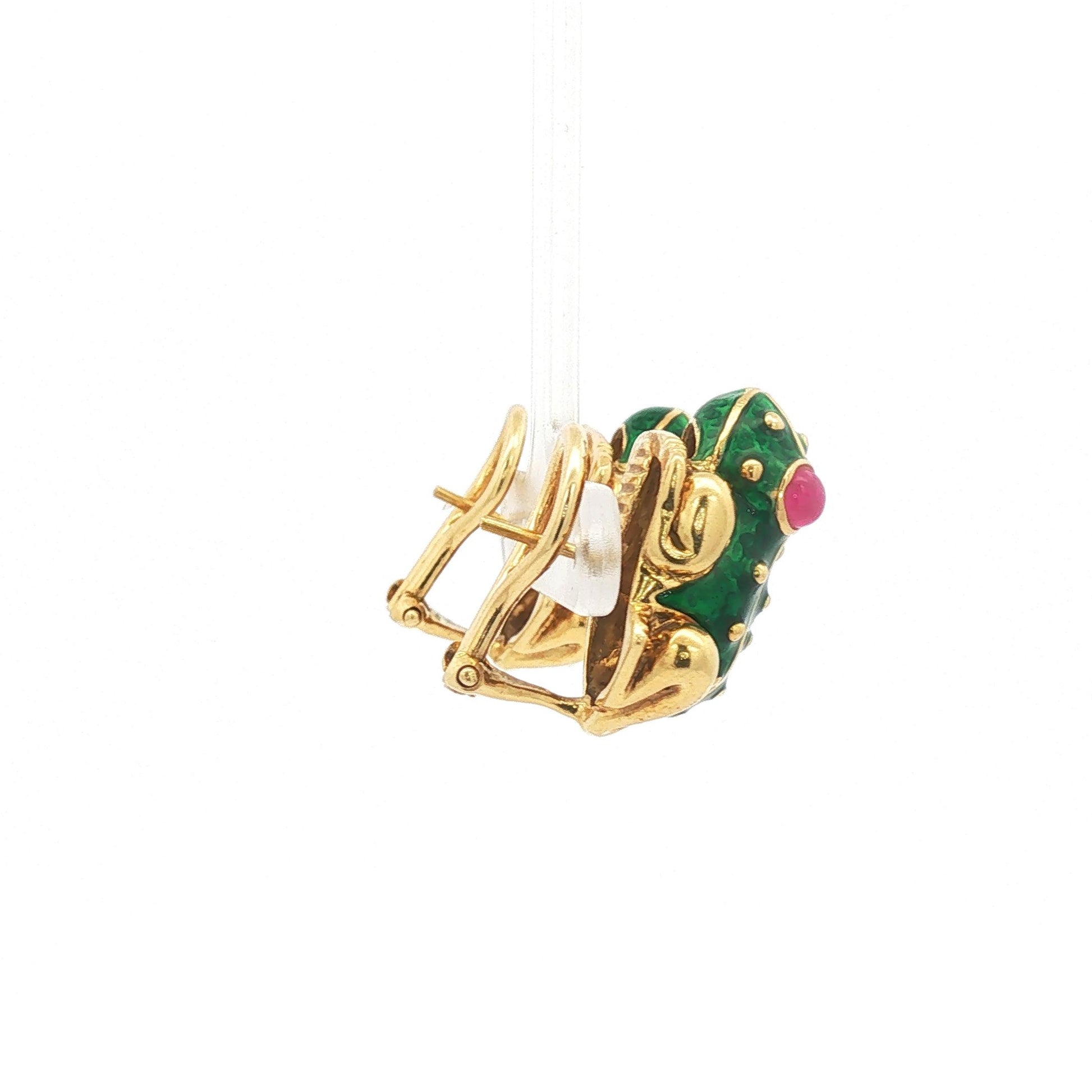 Green Enamel Frog Clip Earrings with Ruby Cabochon Eyes