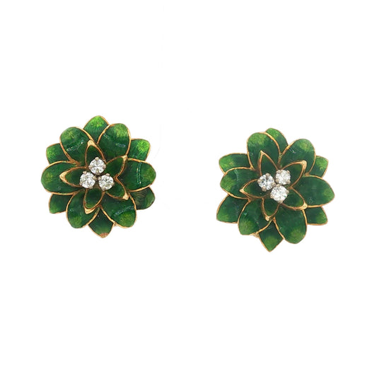 Green Guilloché Enamel 18K Lotus Earrings with Diamond Cluster Center