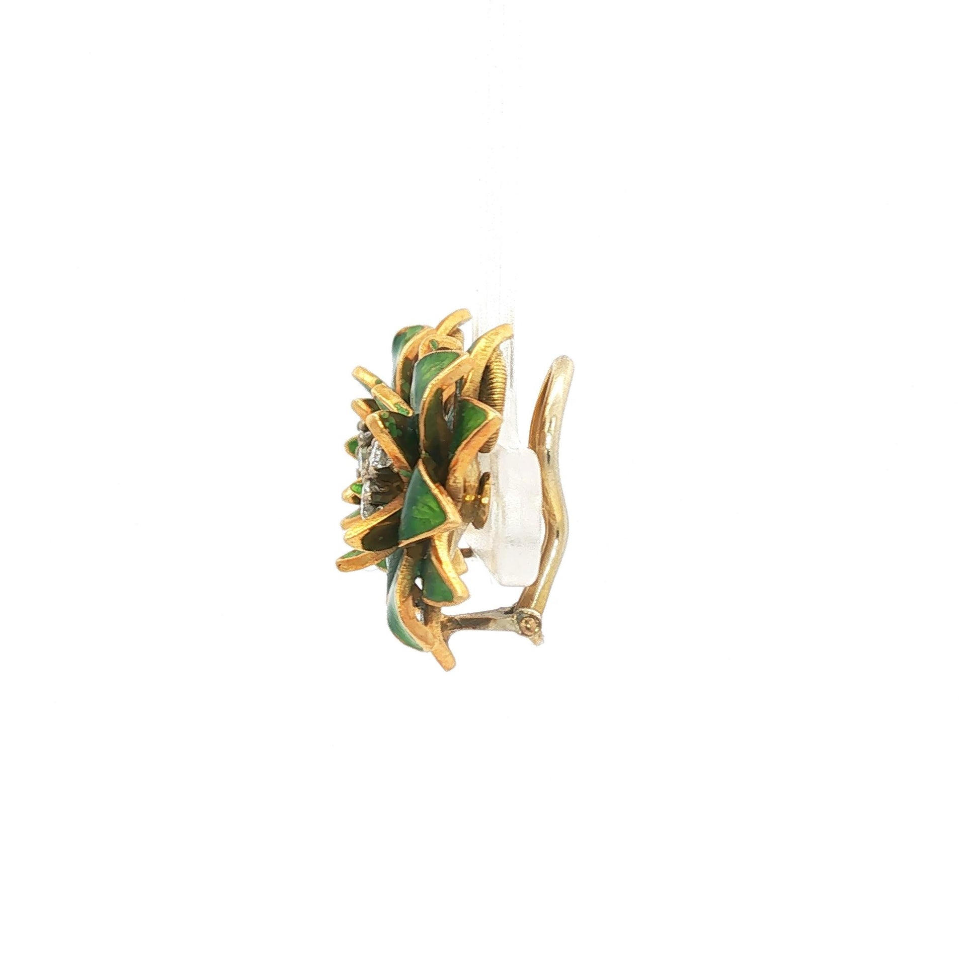 Green Guilloché Enamel 18K Lotus Earrings with Diamond Cluster Center