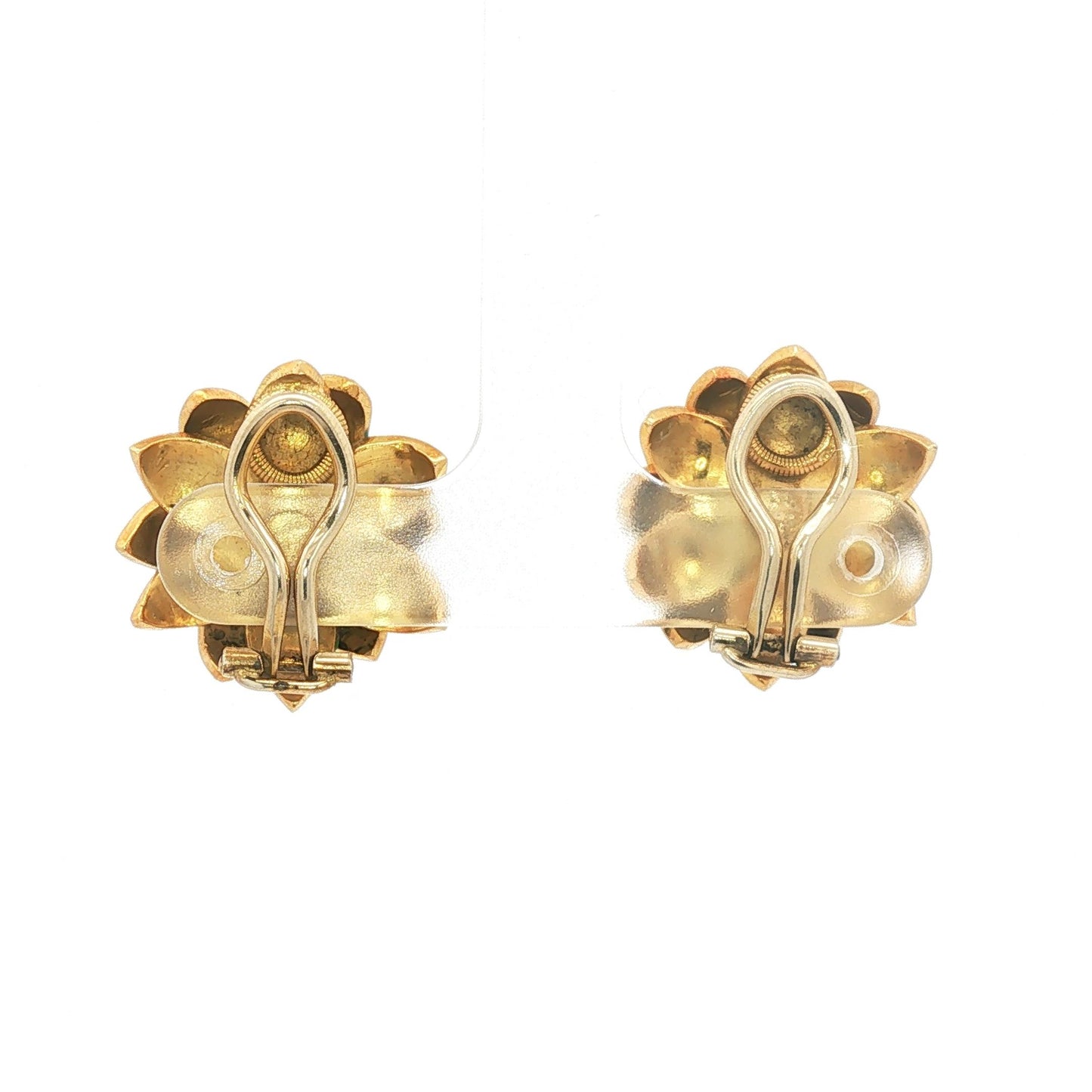 Green Guilloché Enamel 18K Lotus Earrings with Diamond Cluster Center