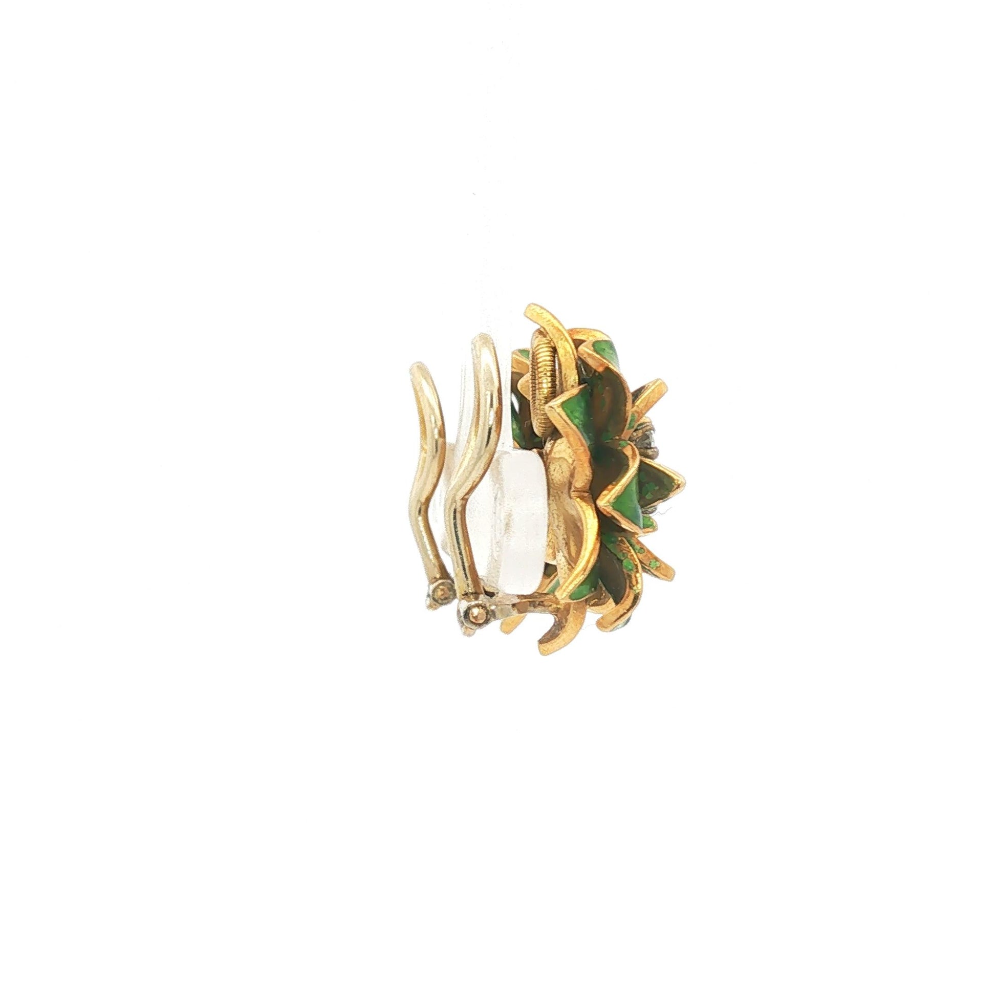 Green Guilloché Enamel 18K Lotus Earrings with Diamond Cluster Center