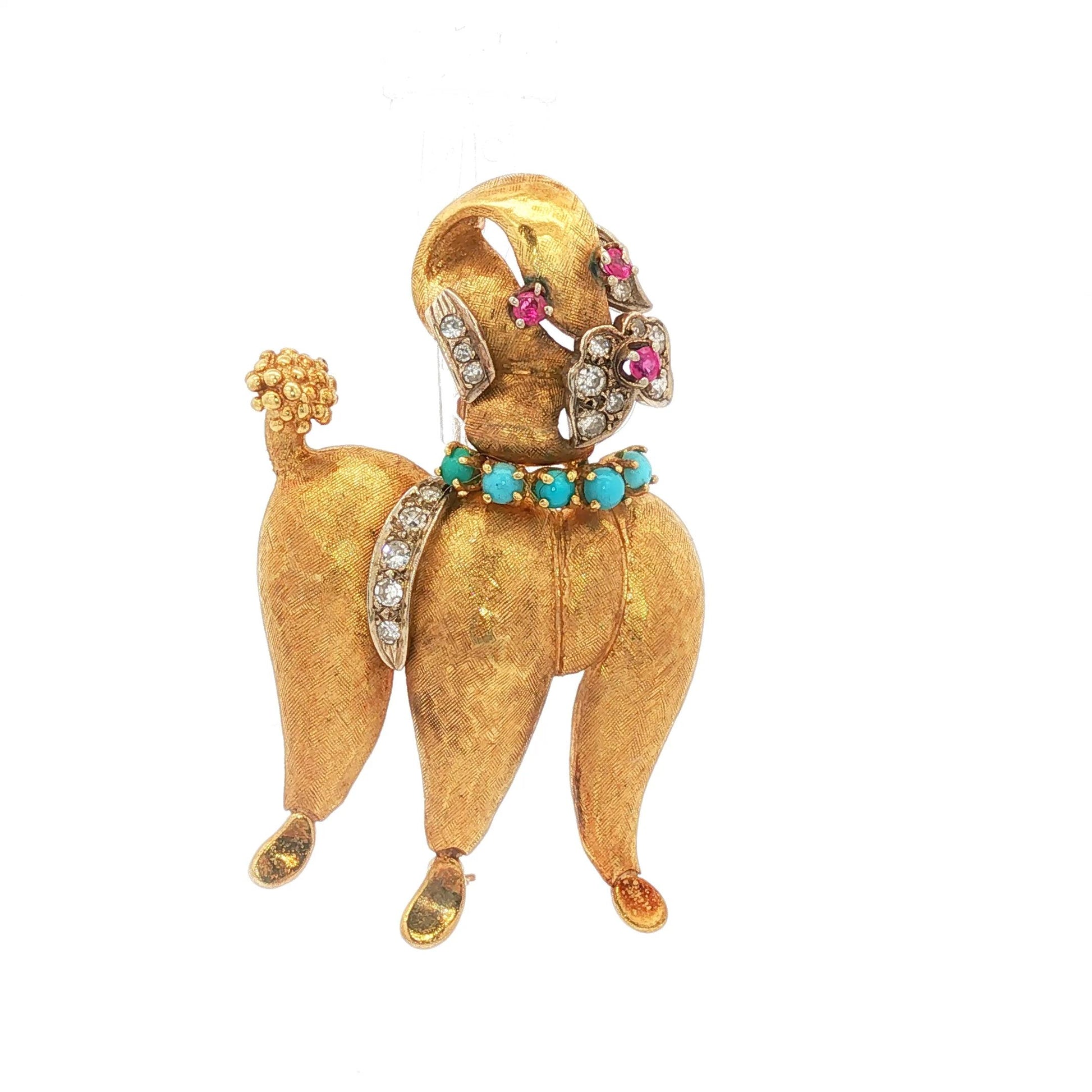 Vintage 14K Yellow Gold Hammered and Textured Poodle with Dia, Ruby, and Turq
