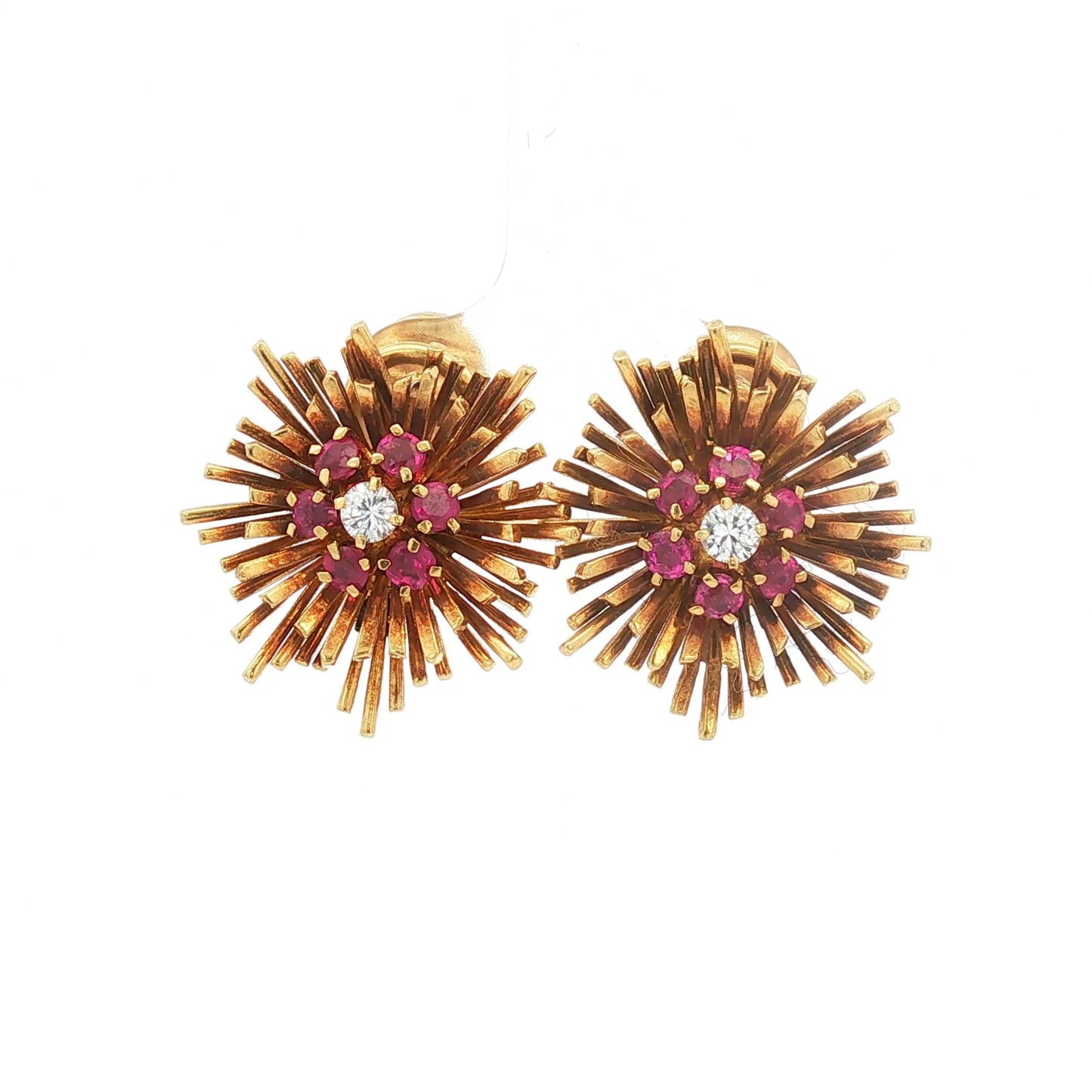 Vintage Mid-century Tiffany & Co 18K Ruby and Diamond Sunburst Earring