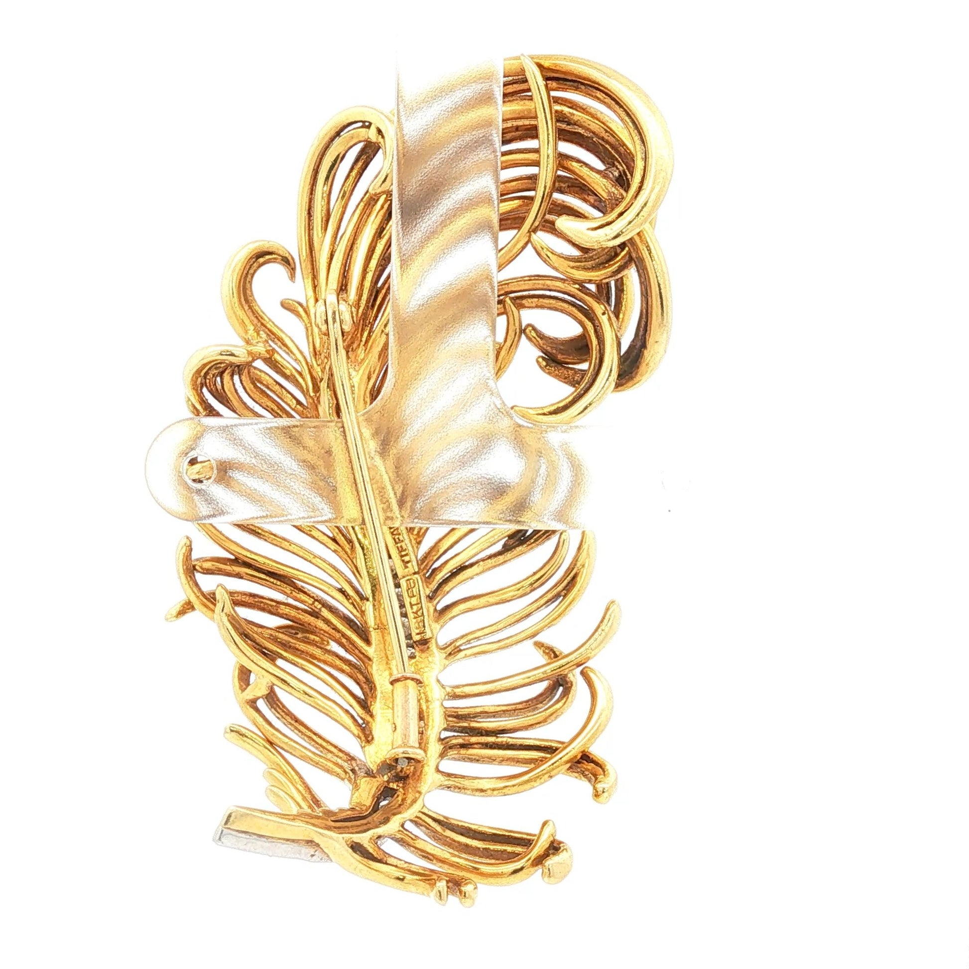 Vintage Rare Tiffany & Co. 18K Mid-Century Plumed Feather Brooch w/Diamond Spine