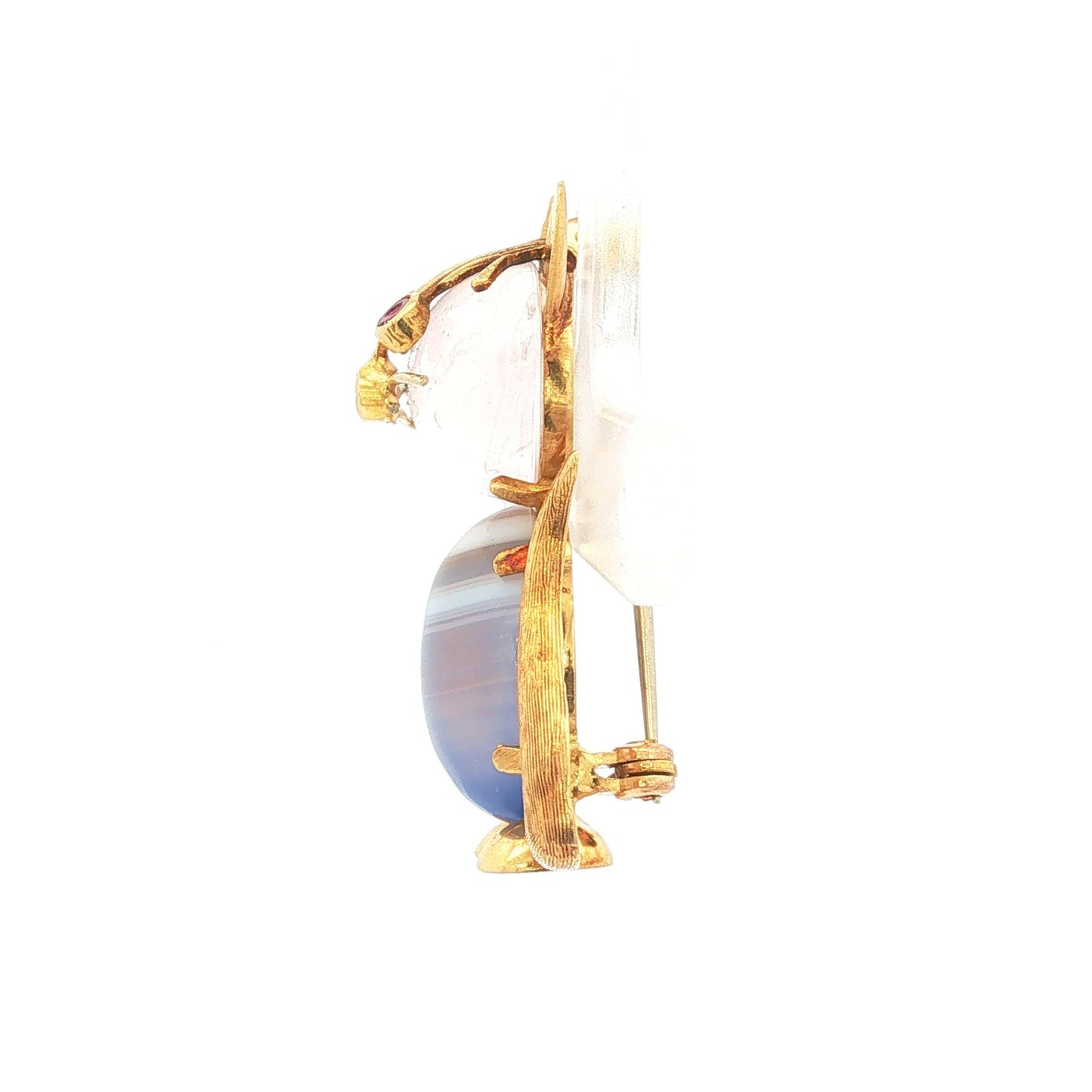 Vintage 18K Cat Brooch with Quartz Head, Banded Agate Body, and Ruby