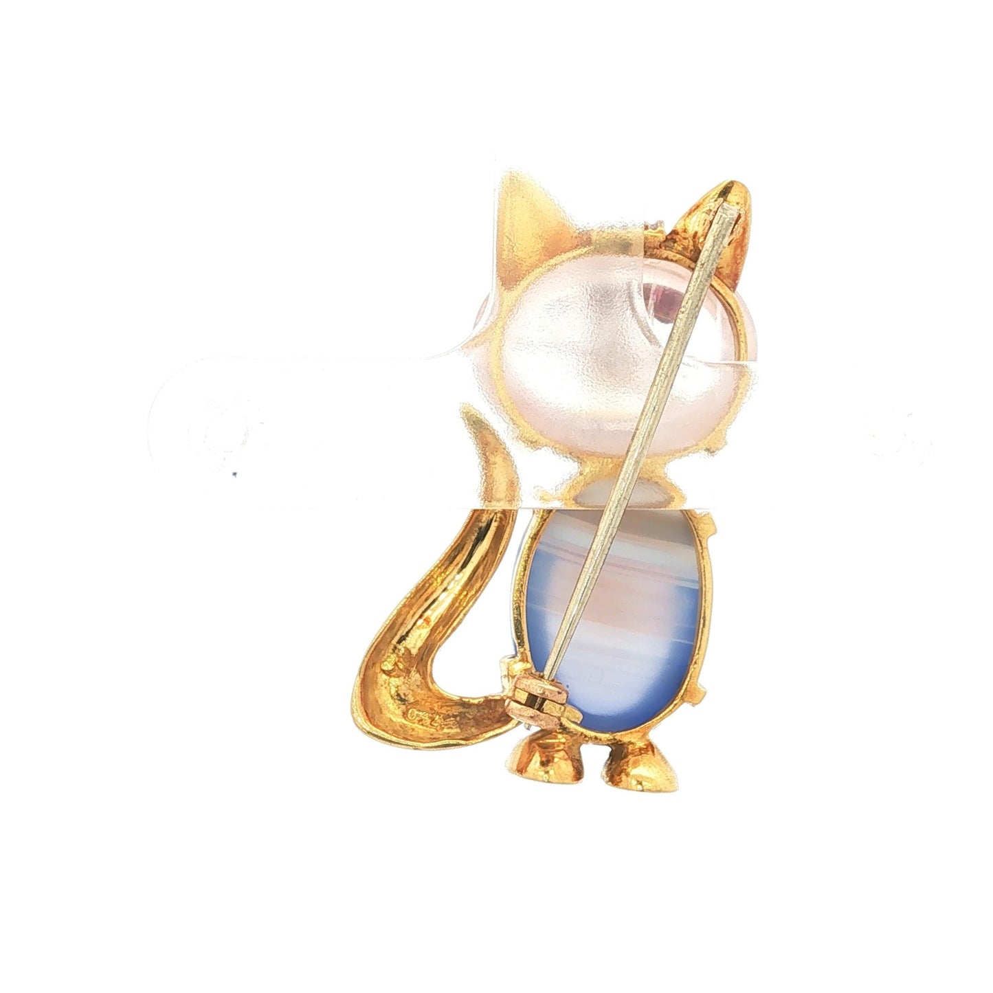 Vintage 18K Cat Brooch with Quartz Head, Banded Agate Body, and Ruby