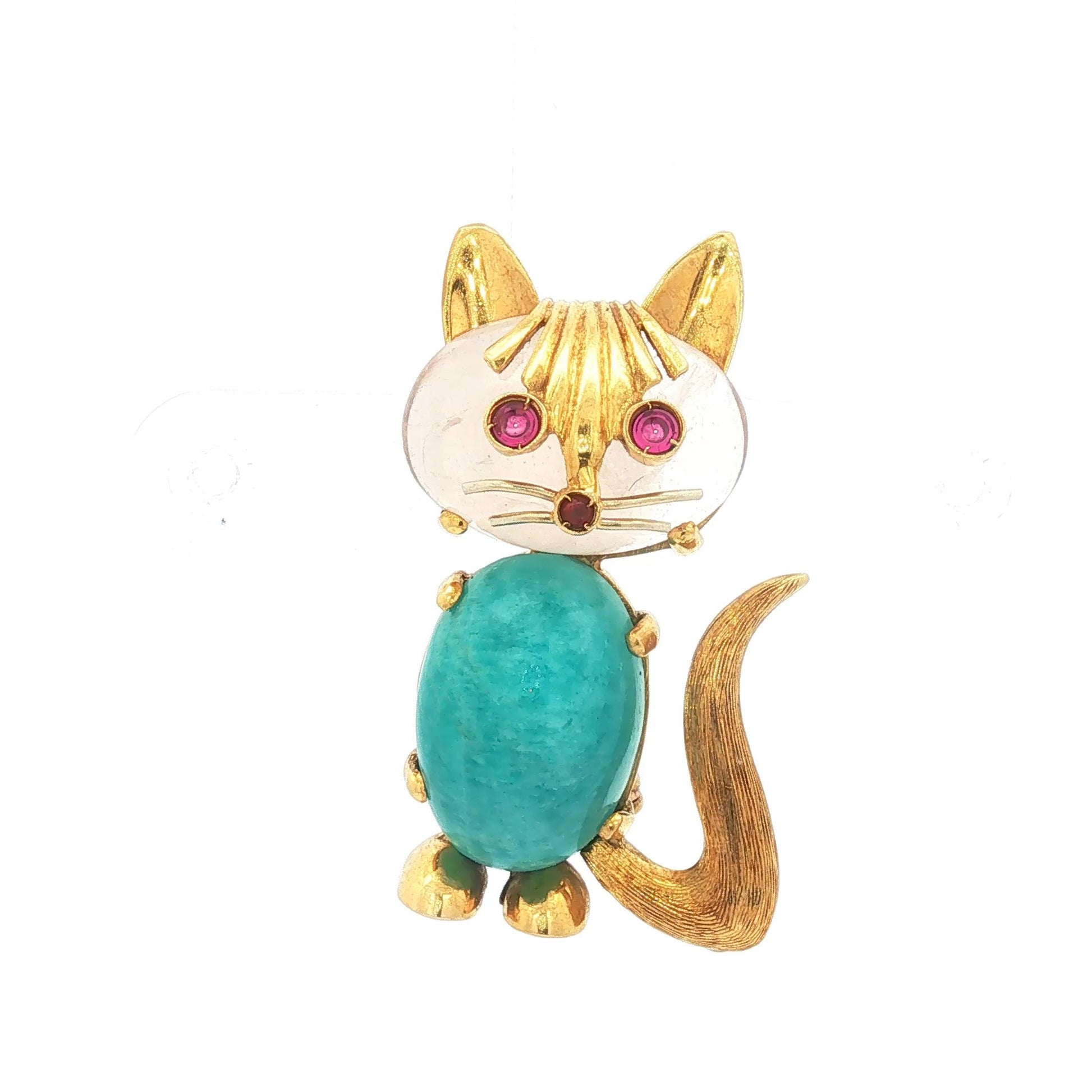 Vintage 18K Cat Brooch w/ Light Pink Quartz Head, Amazonite Body, and Ruby Eyes