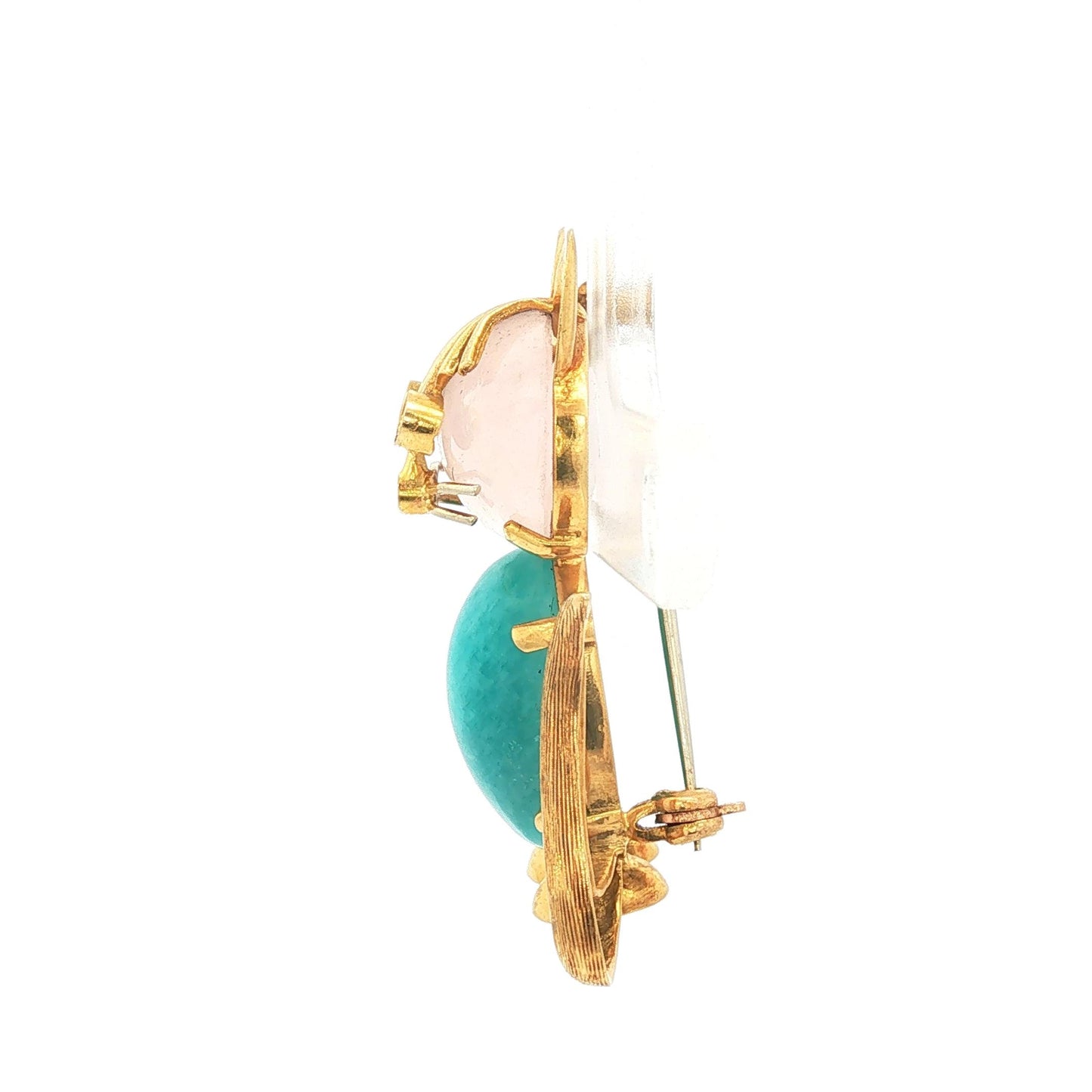 Vintage 18K Cat Brooch w/ Light Pink Quartz Head, Amazonite Body, and Ruby Eyes
