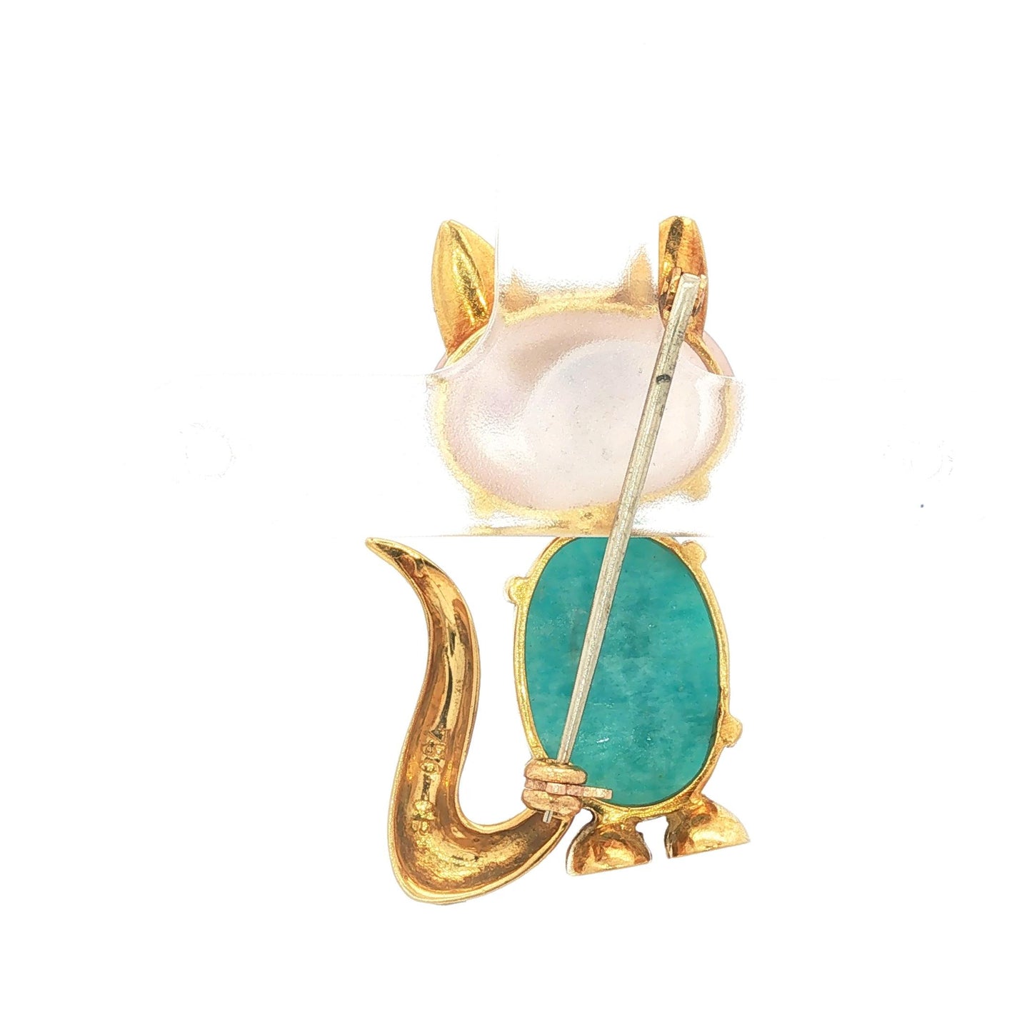 Vintage 18K Cat Brooch w/ Light Pink Quartz Head, Amazonite Body, and Ruby Eyes