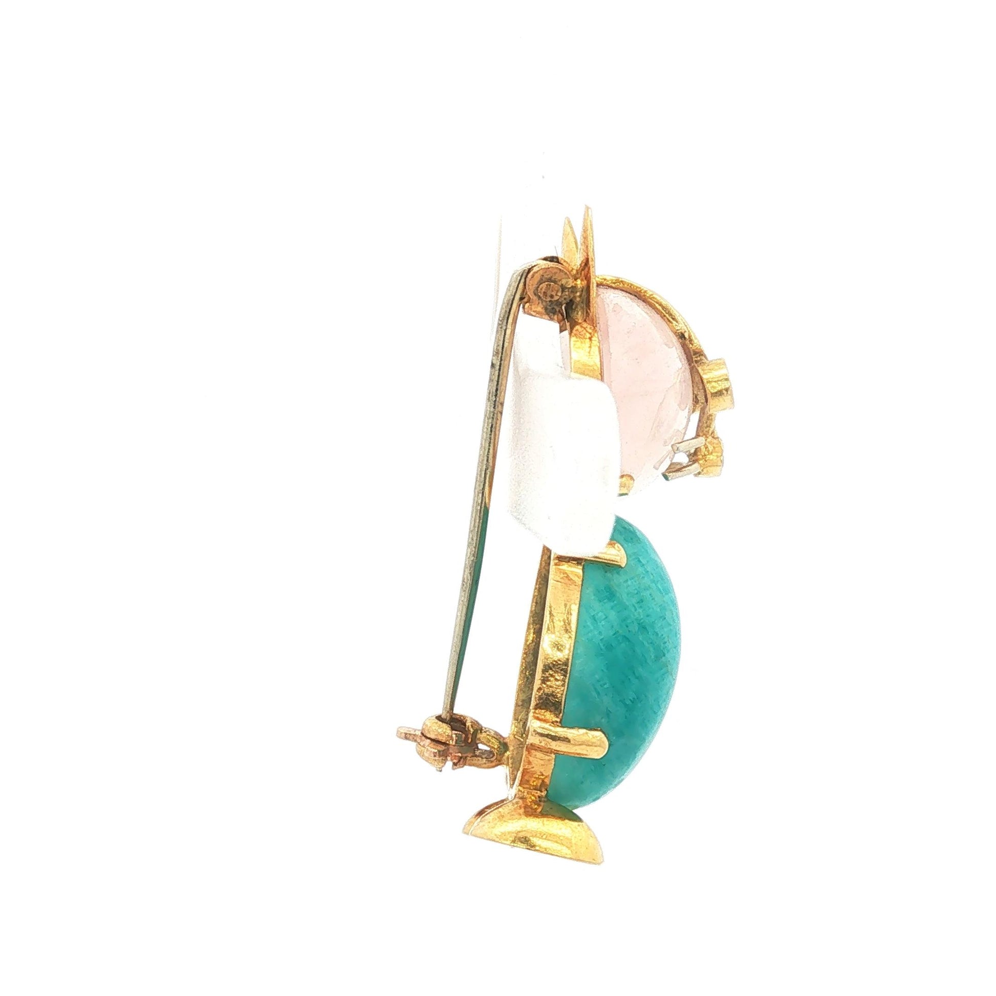 Vintage 18K Cat Brooch w/ Light Pink Quartz Head, Amazonite Body, and Ruby Eyes
