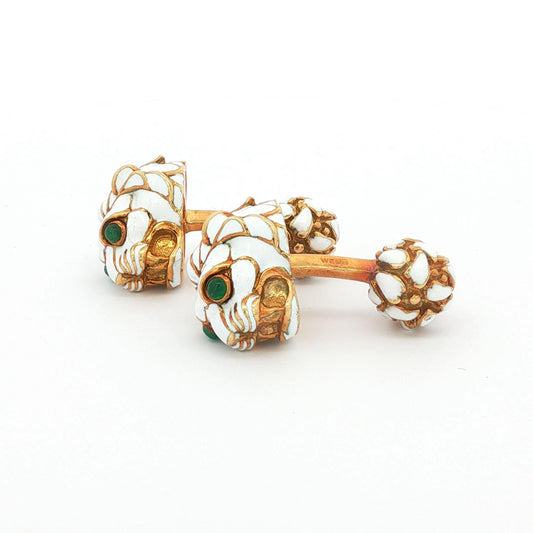 David Webb White Enamel 18K Lion Head Cufflinks with Cabochon Emerald Eye
