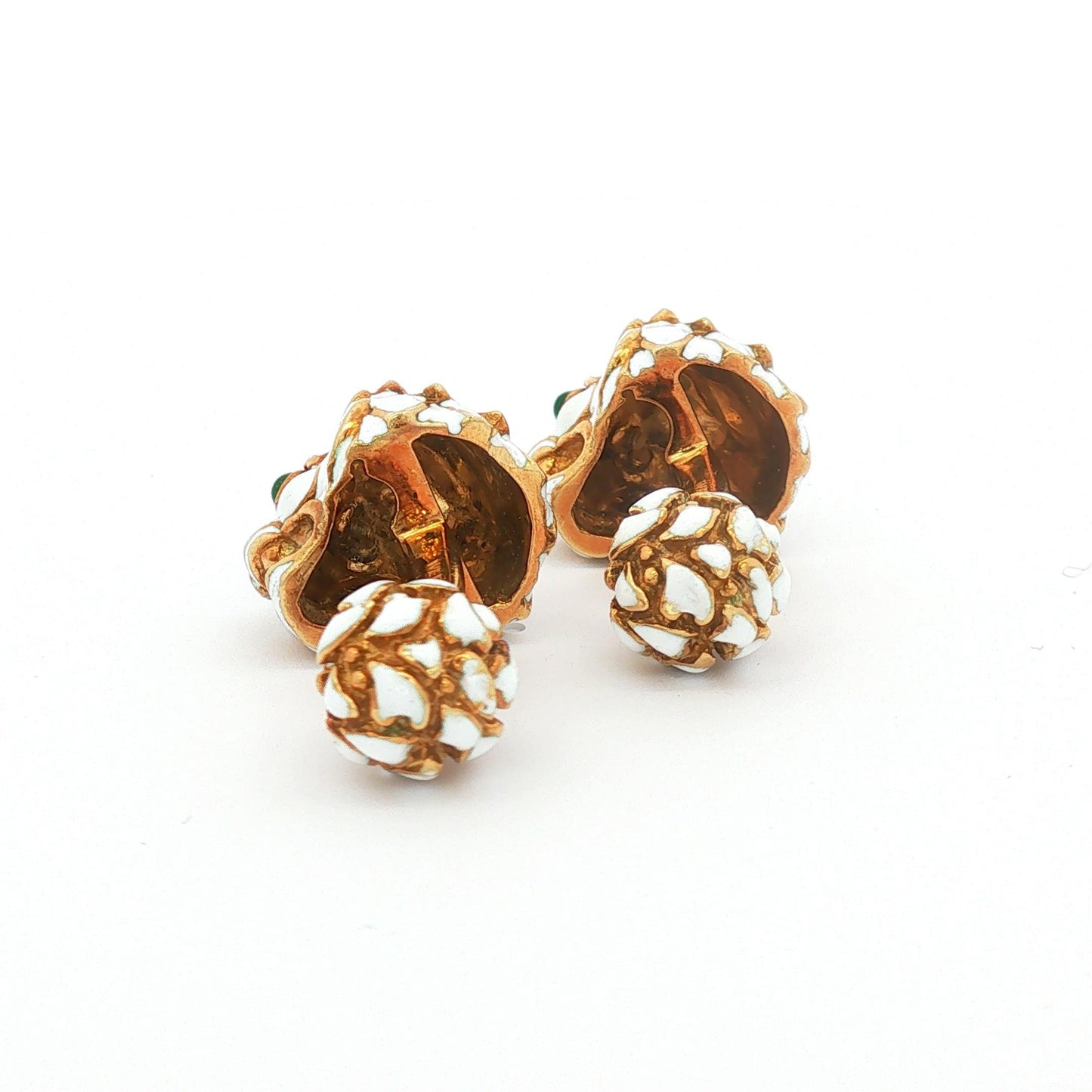 David Webb White Enamel 18K Lion Head Cufflinks with Cabochon Emerald Eye