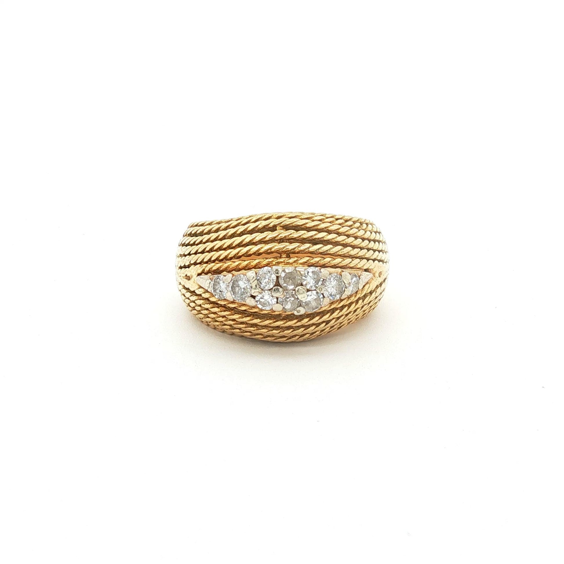 18K Yellow Gold Rope-Twist Bombe Ring with Pave Diamond Center Row