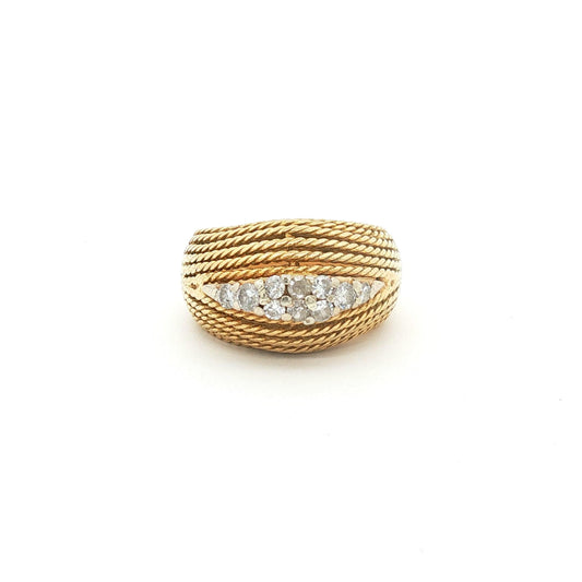 18K Yellow Gold Rope-Twist Bombe Ring with Pave Diamond Center Row