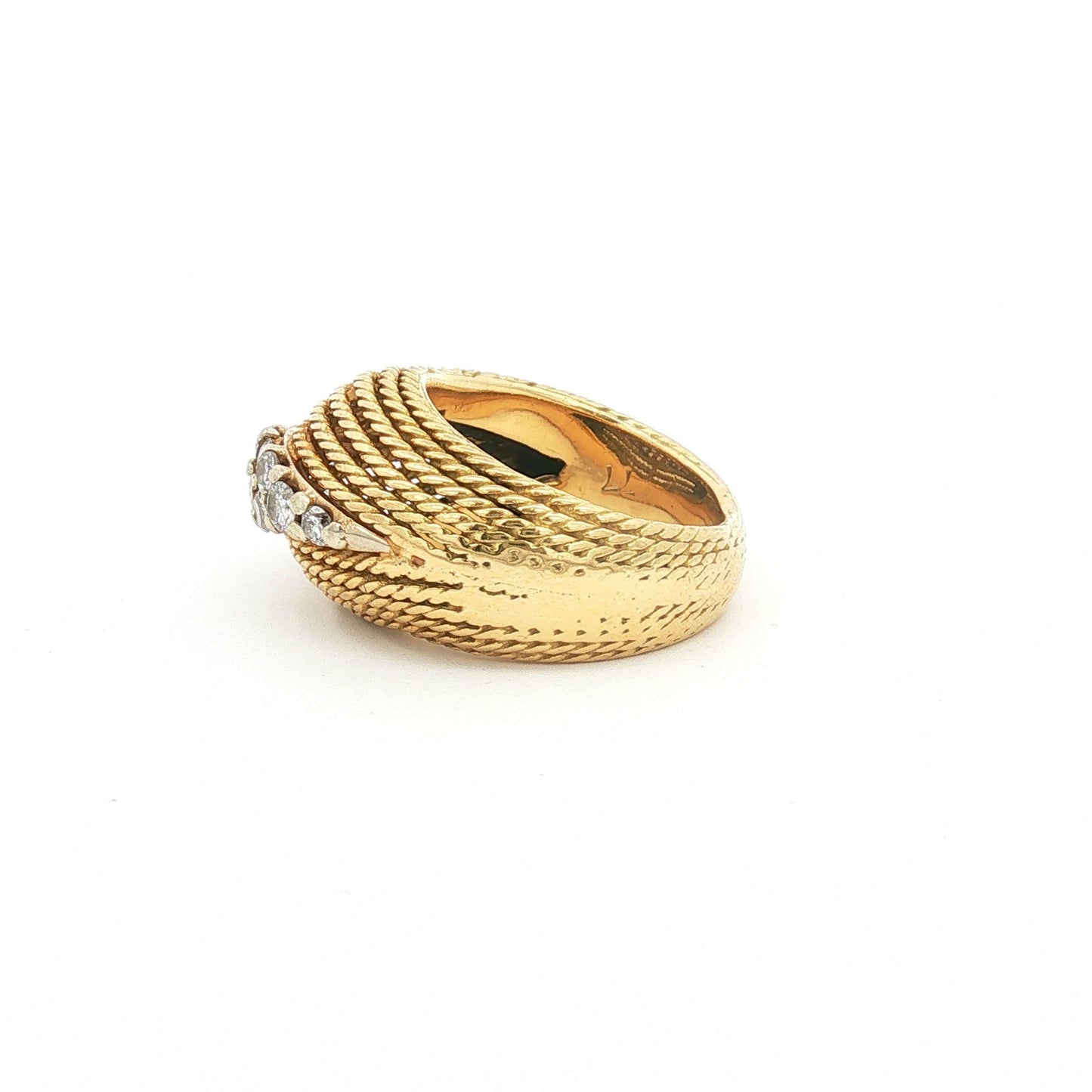 18K Yellow Gold Rope-Twist Bombe Ring with Pave Diamond Center Row