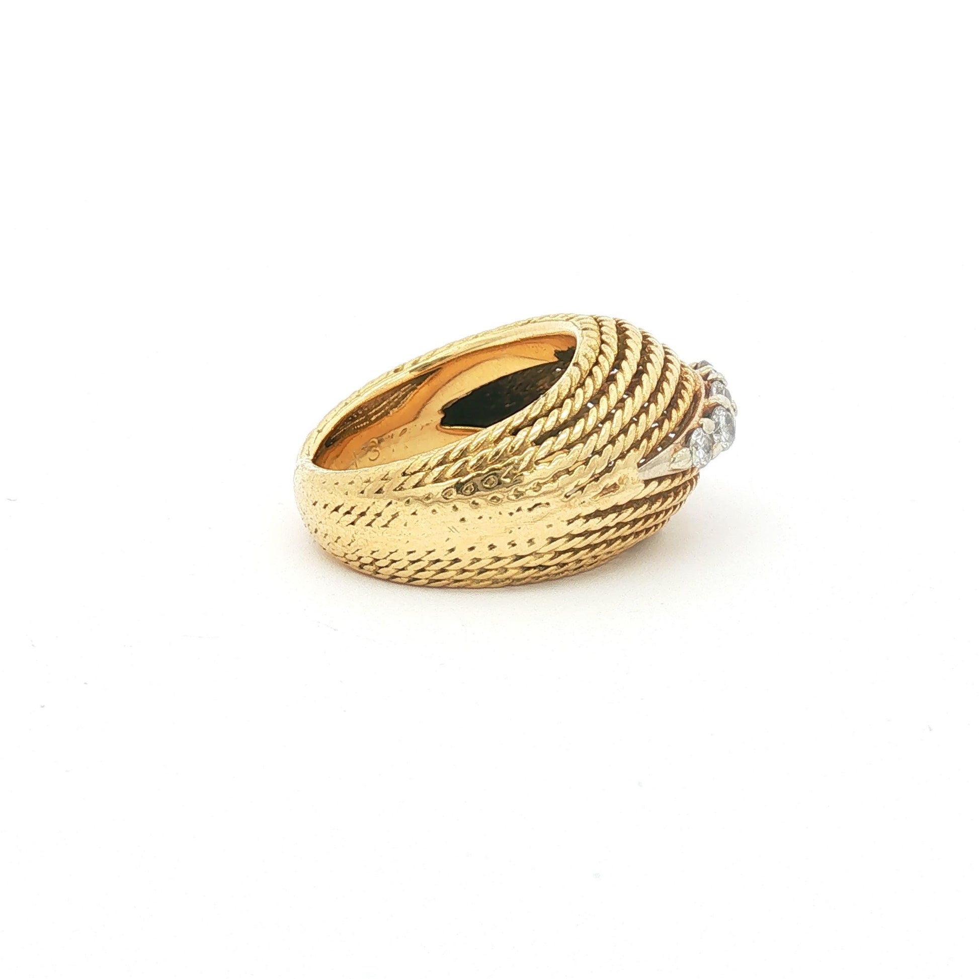 18K Yellow Gold Rope-Twist Bombe Ring with Pave Diamond Center Row