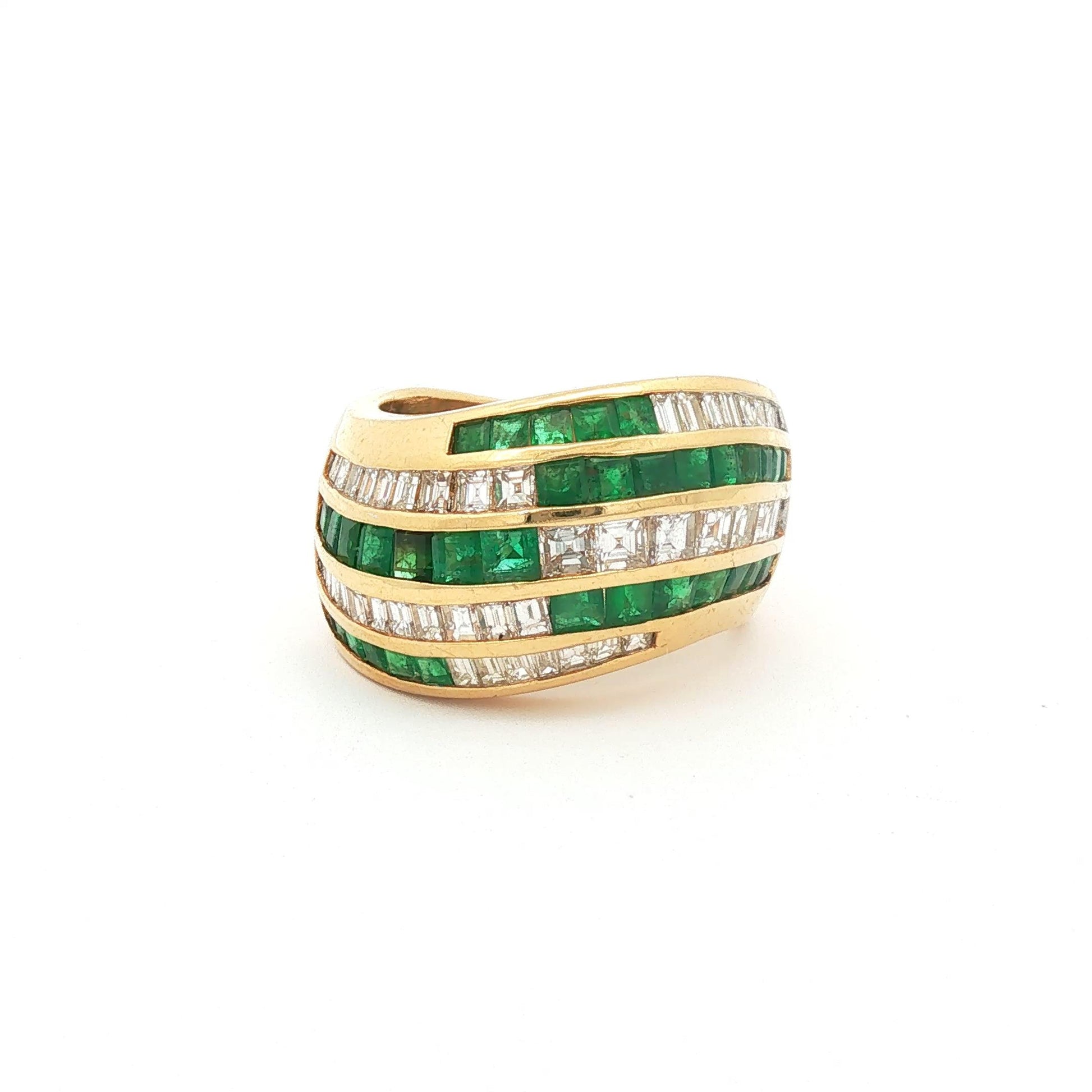 18K Yellow Gold Square-Cut Emerald and Baguette Diamond Striped Bombe Ring
