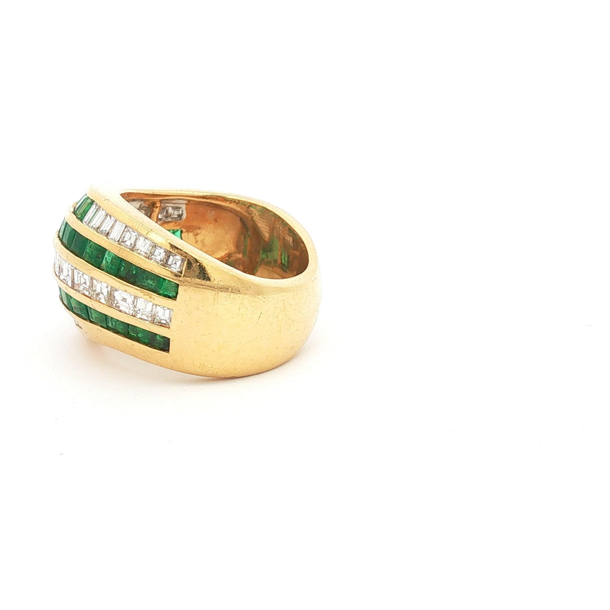 18K Yellow Gold Square-Cut Emerald and Baguette Diamond Striped Bombe Ring