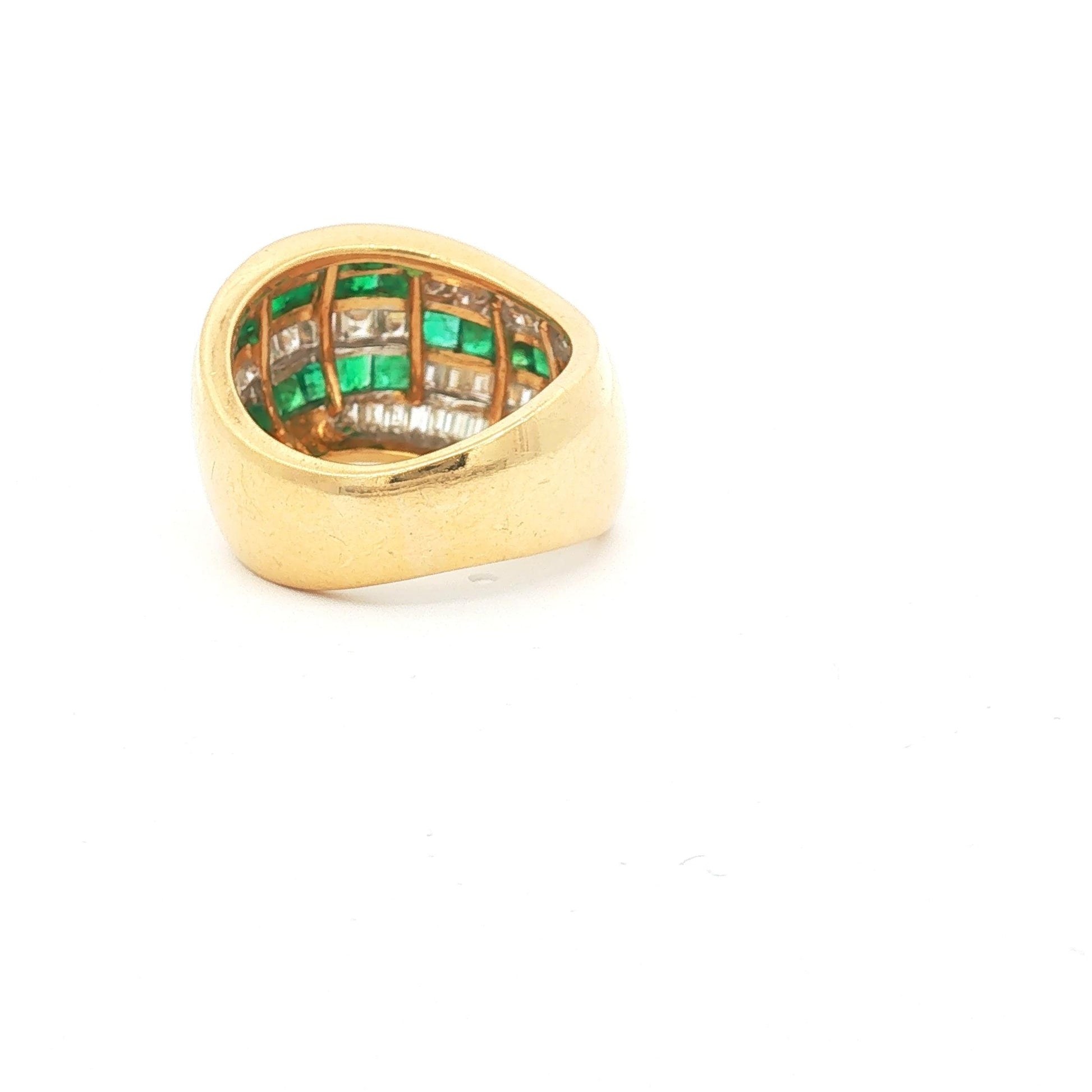 18K Yellow Gold Square-Cut Emerald and Baguette Diamond Striped Bombe Ring