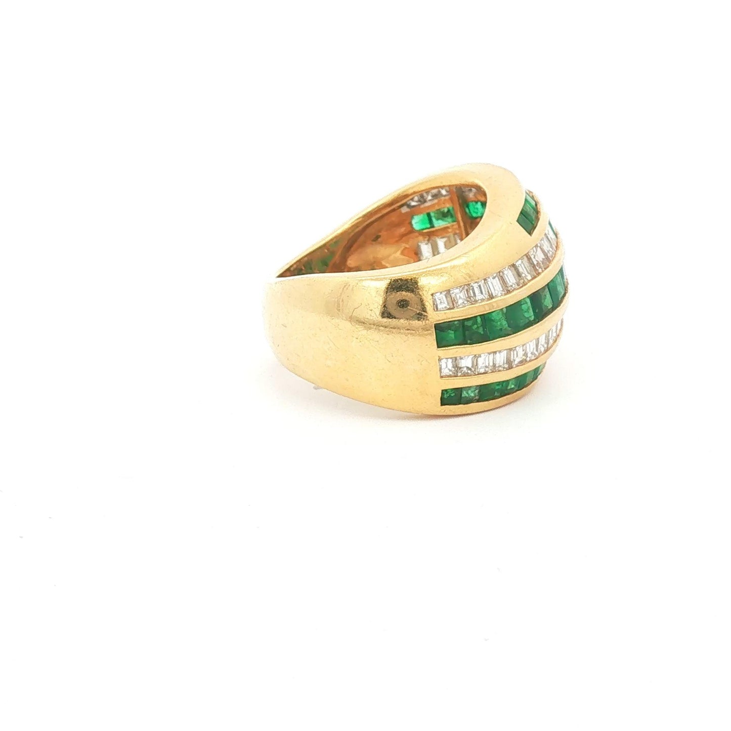 18K Yellow Gold Square-Cut Emerald and Baguette Diamond Striped Bombe Ring