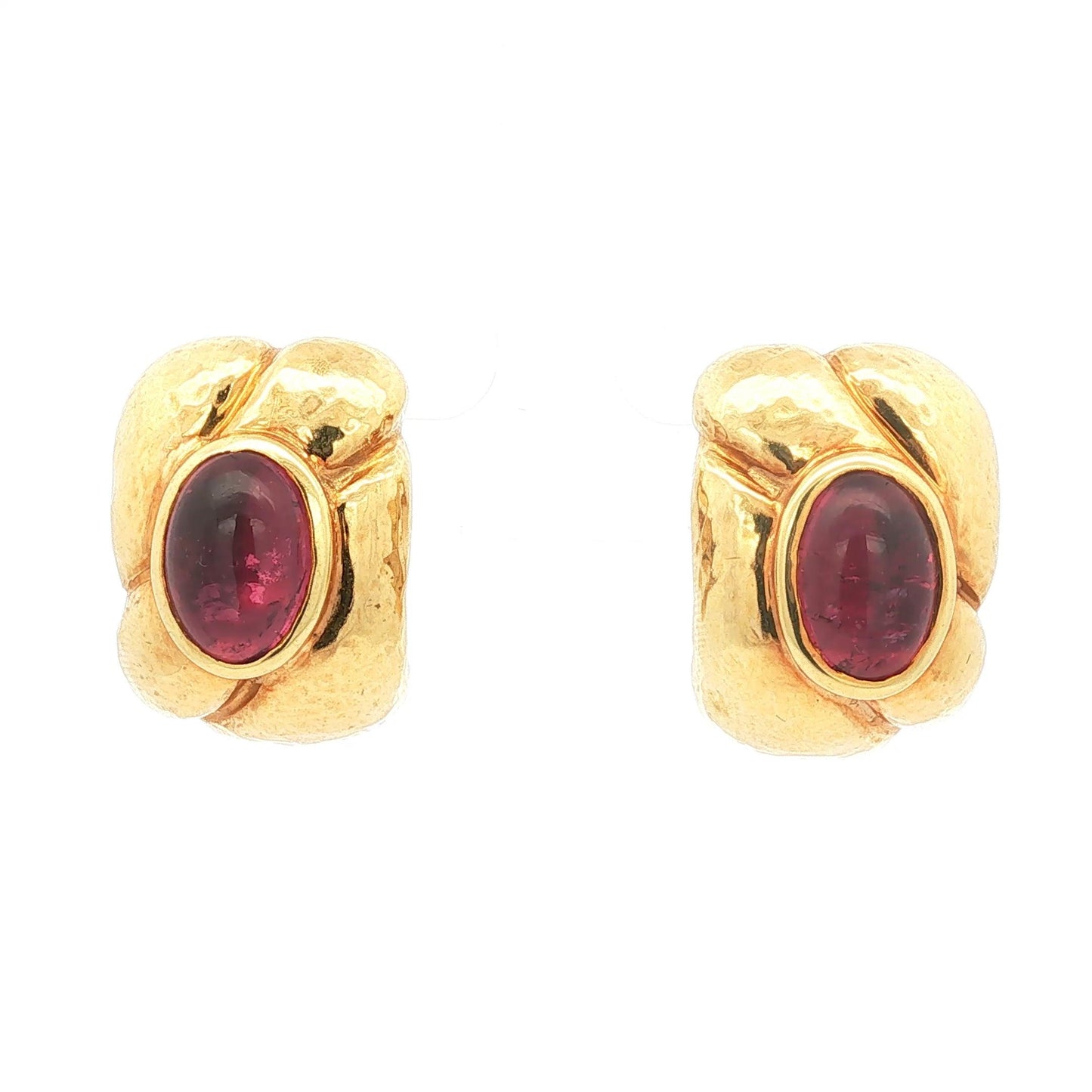 18K Hammered Yellow Gold Knot Clip Earrings with Cabochon Rubellite Centers