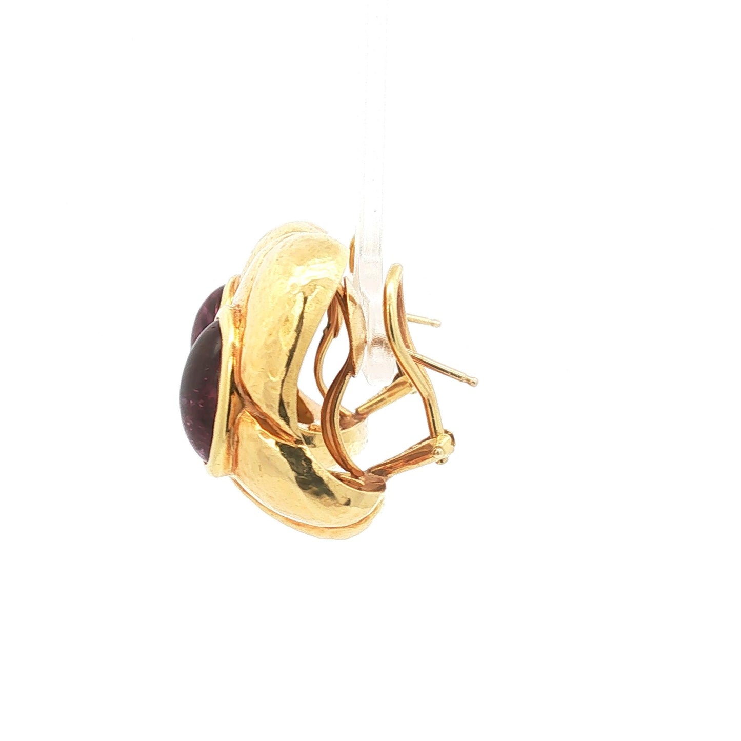 18K Hammered Yellow Gold Knot Clip Earrings with Cabochon Rubellite Centers