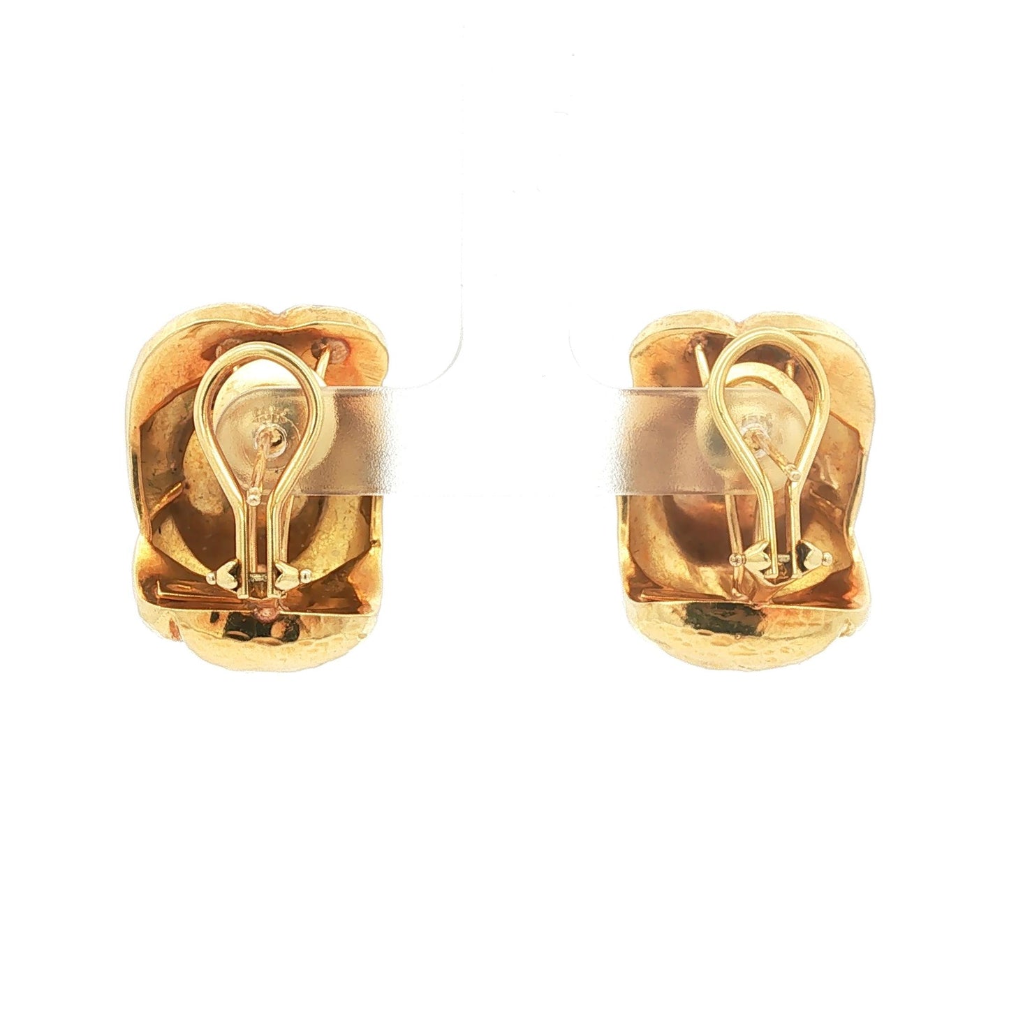 18K Hammered Yellow Gold Knot Clip Earrings with Cabochon Rubellite Centers