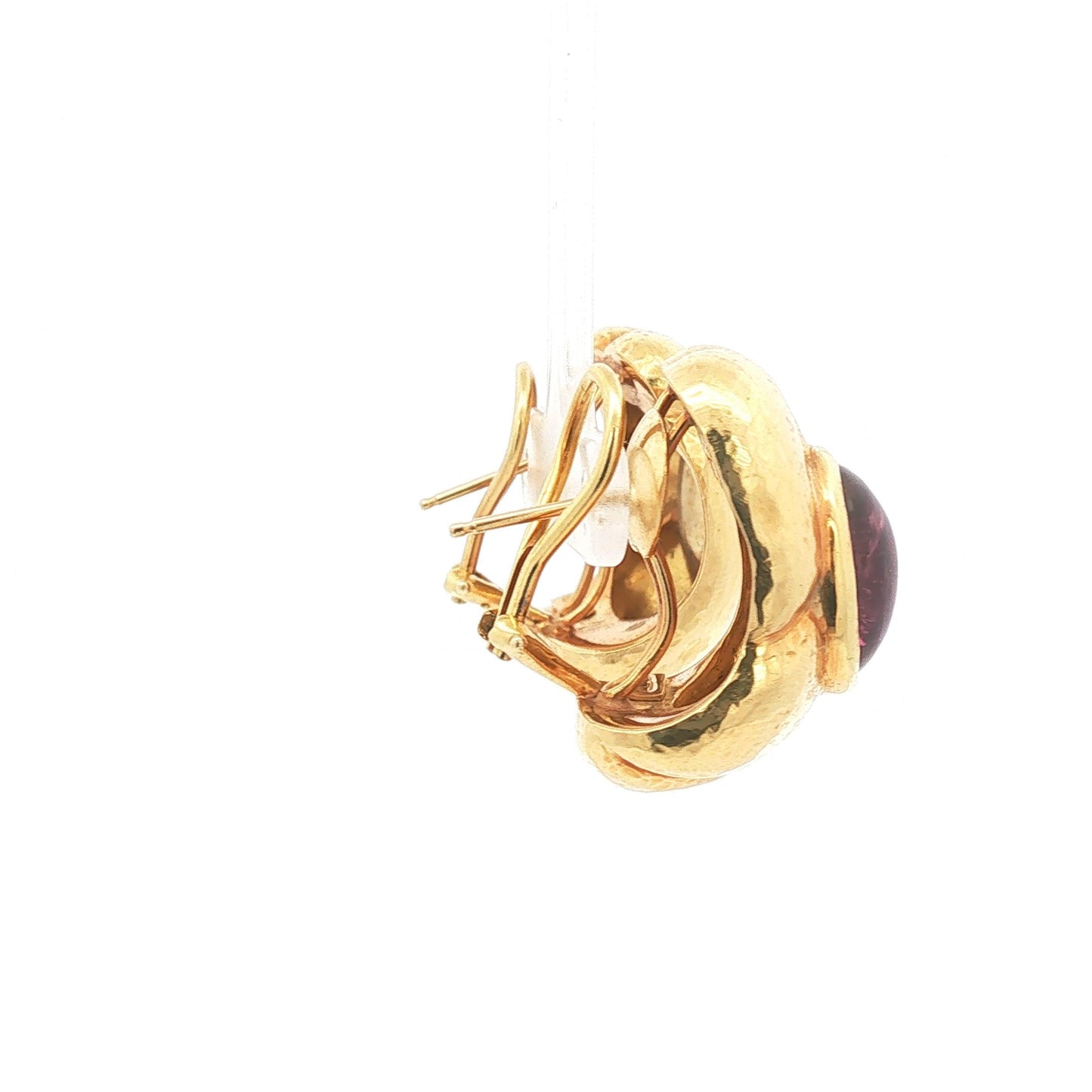 18K Hammered Yellow Gold Knot Clip Earrings with Cabochon Rubellite Centers