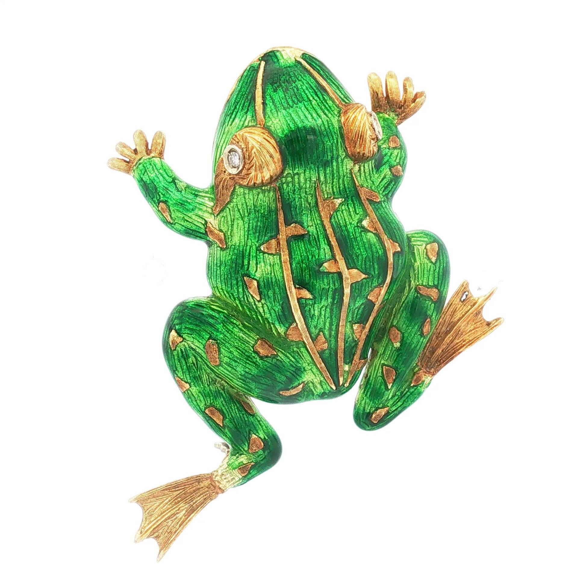 Vintage Green Enamel Textured 18K Frog with Diamond Eyes