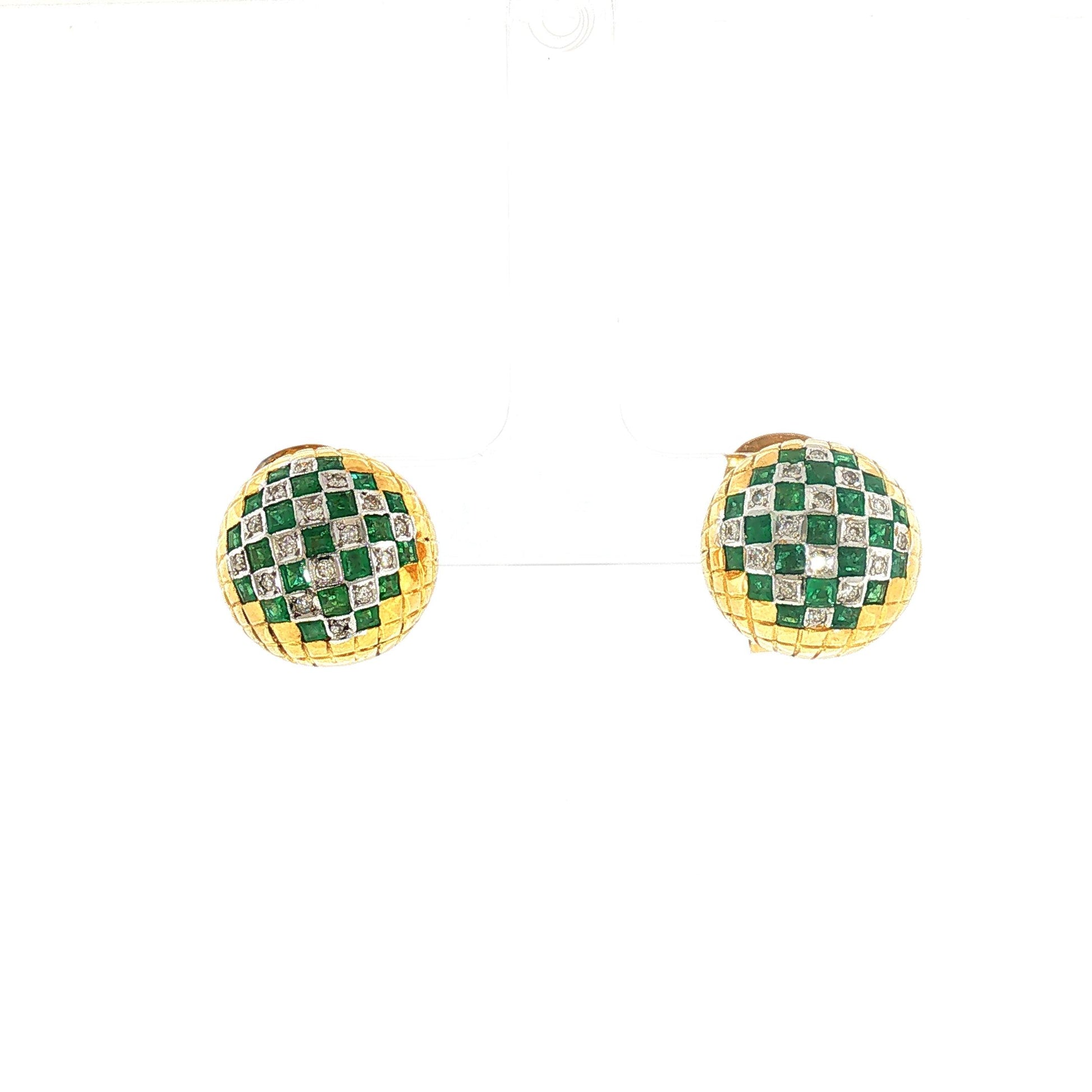 Vintage Emerald and Diamond Checkerboard Gold Earrings