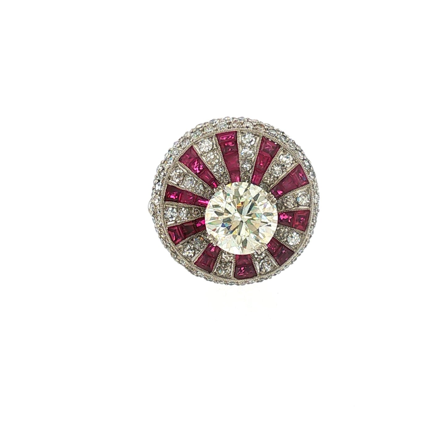 Unique Vintage Concave Diamond and Calibre-set Ruby Sunburst Plat Ring