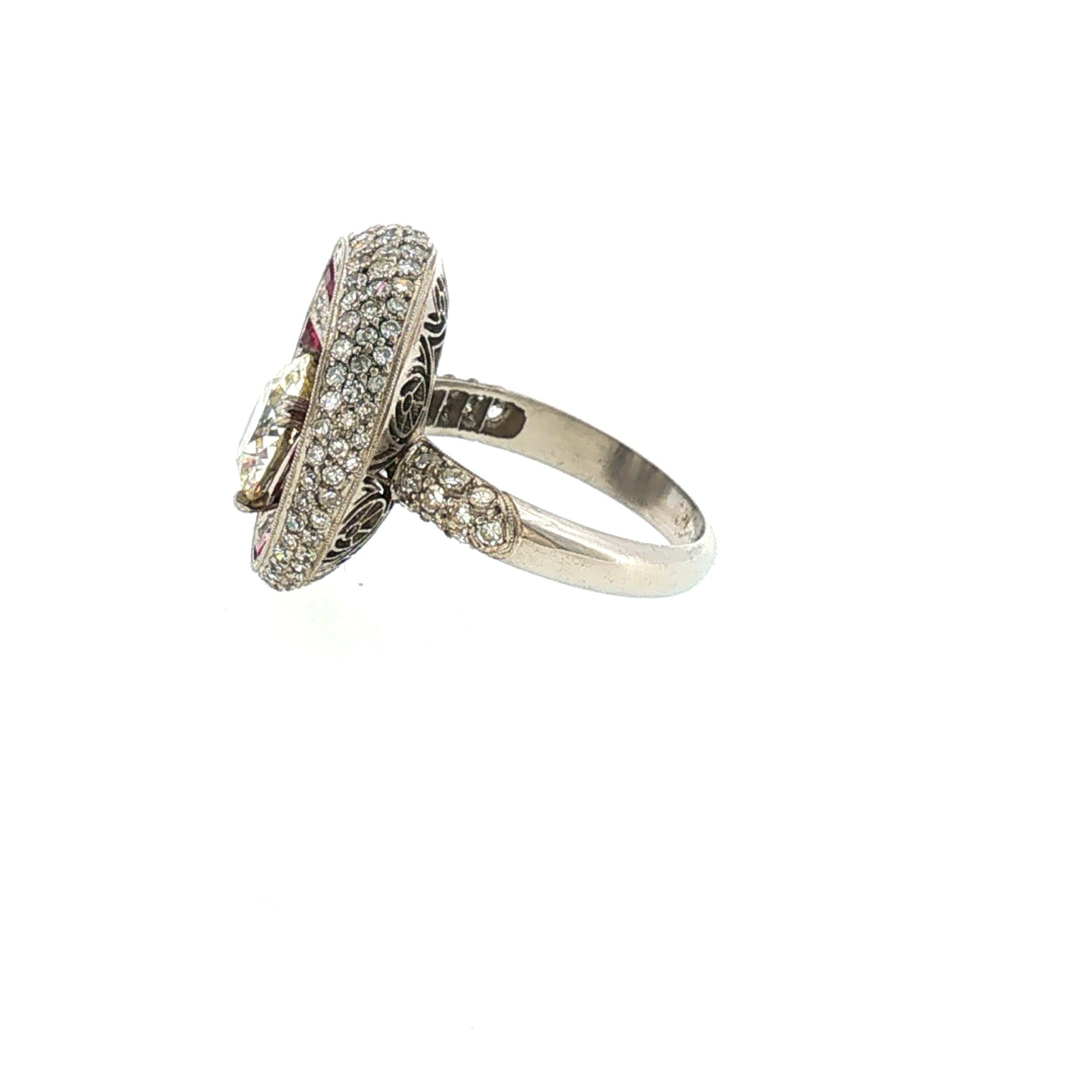 Unique Vintage Concave Diamond and Calibre-set Ruby Sunburst Plat Ring