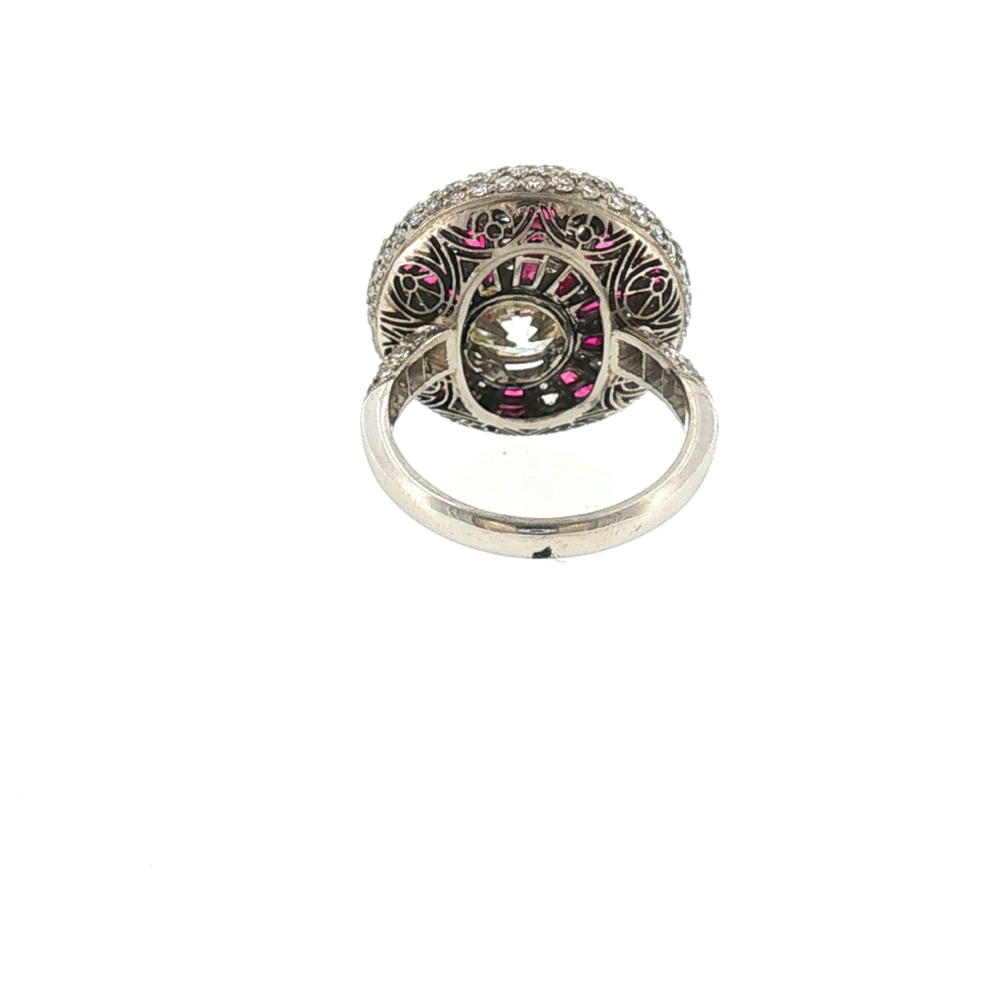 Unique Vintage Concave Diamond and Calibre-set Ruby Sunburst Plat Ring