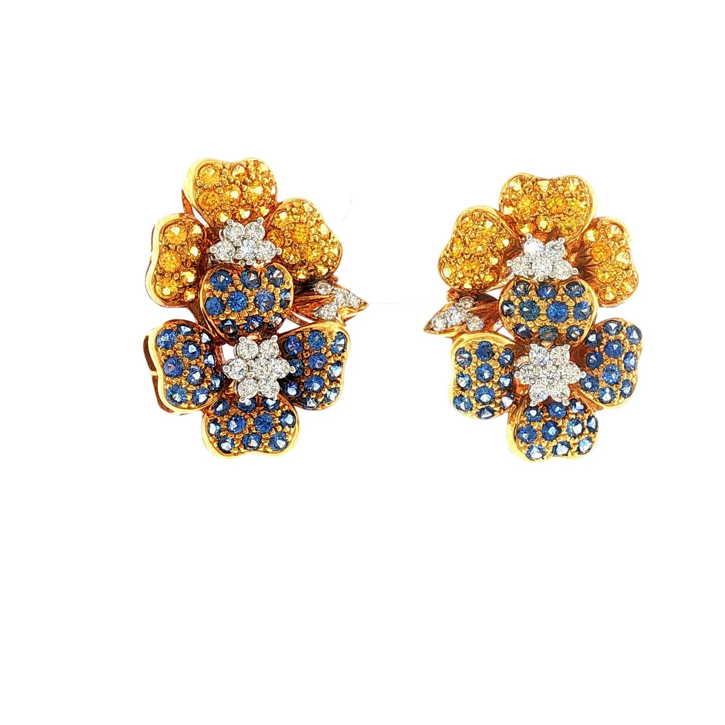 18K Vintage Yellow Sapphire, Blue Sapphire and Diamond Double Flower Earrings