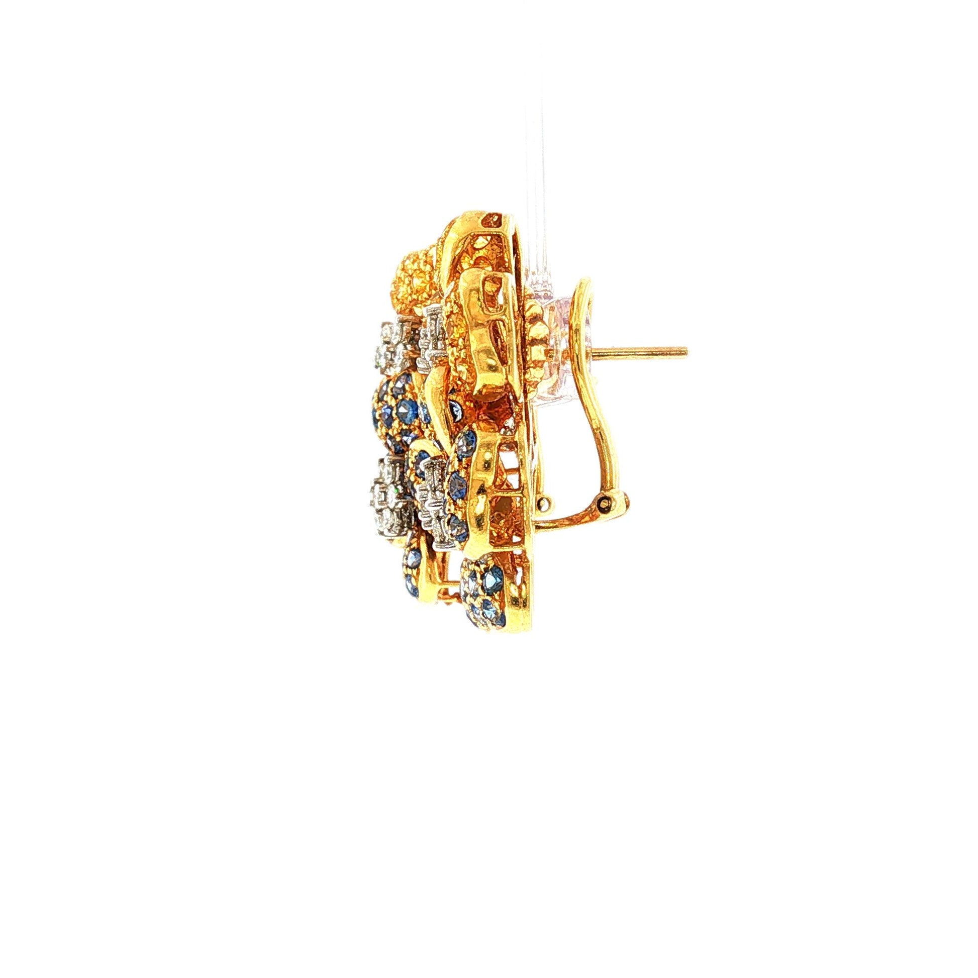18K Vintage Yellow Sapphire, Blue Sapphire and Diamond Double Flower Earrings