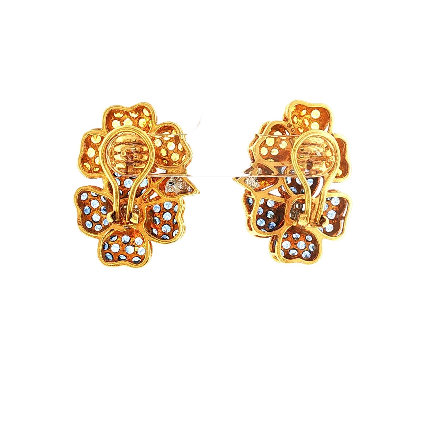 18K Vintage Yellow Sapphire, Blue Sapphire and Diamond Double Flower Earrings