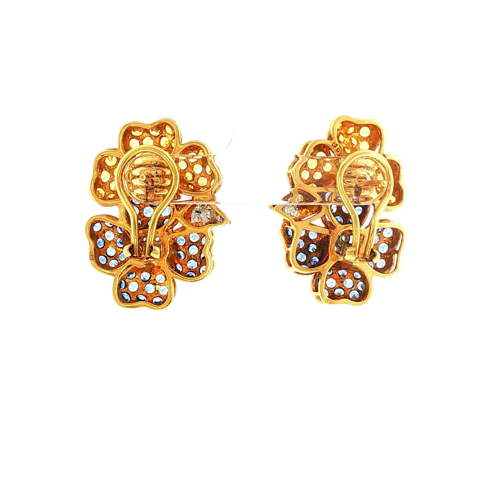 18K Vintage Yellow Sapphire, Blue Sapphire and Diamond Double Flower Earrings