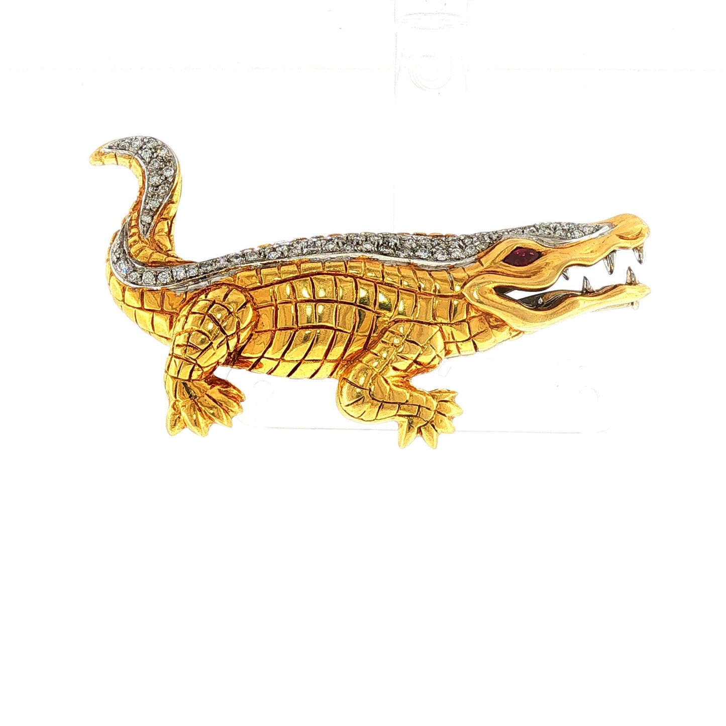 Piero Milano 18K Gold Crocodile Brooch with Diamond Crest and Ruby Eye