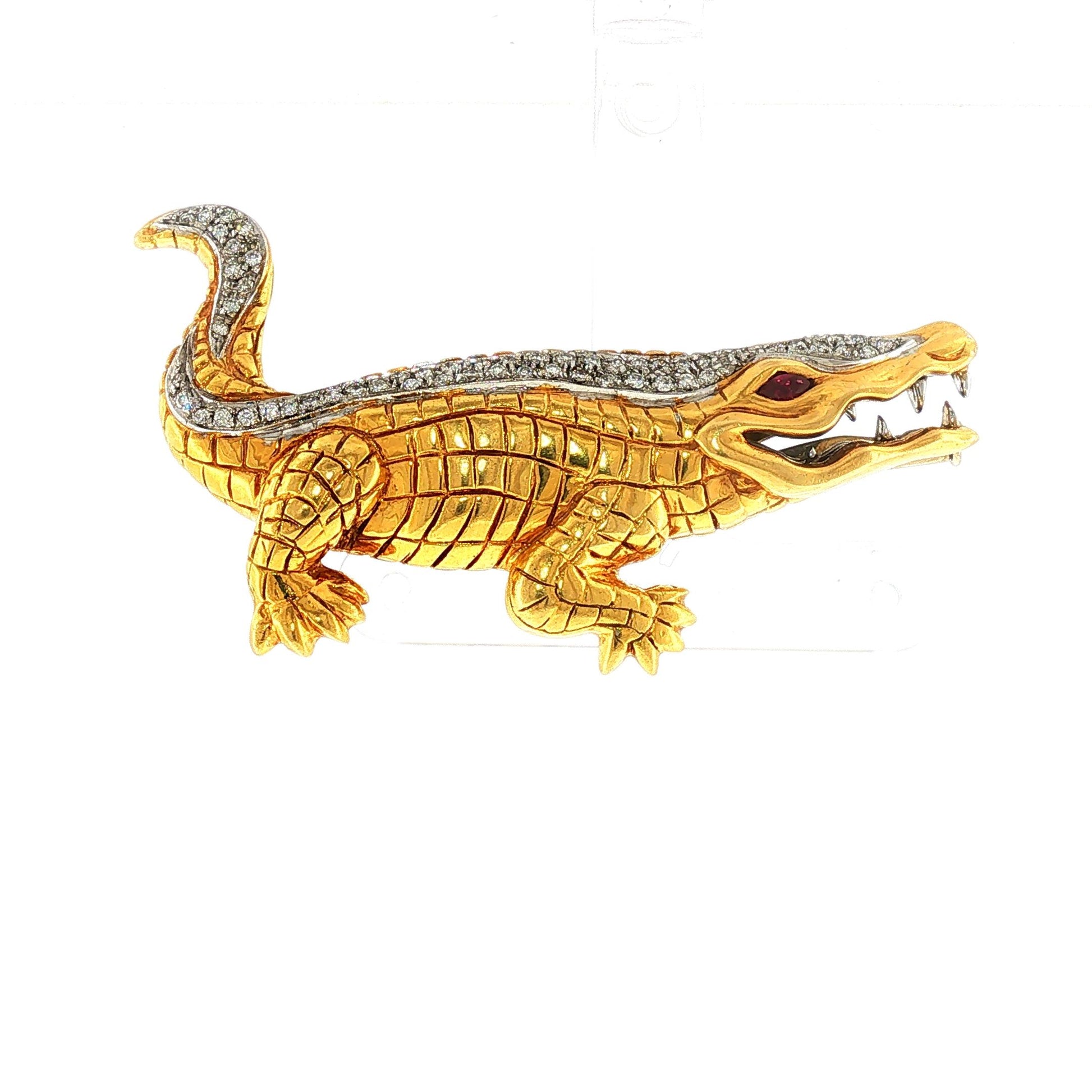 Piero Milano 18K Gold Crocodile Brooch with Diamond Crest and Ruby Eye