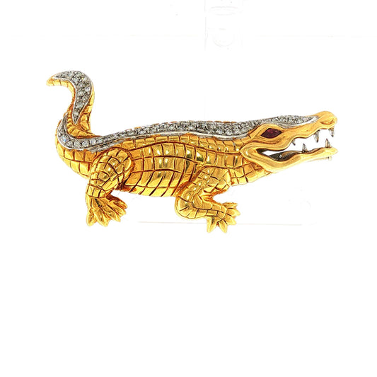 Piero Milano 18K Gold Crocodile Brooch with Diamond Crest and Ruby Eye