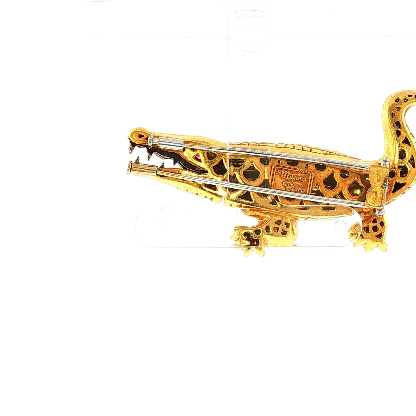 Piero Milano 18K Gold Crocodile Brooch with Diamond Crest and Ruby Eye