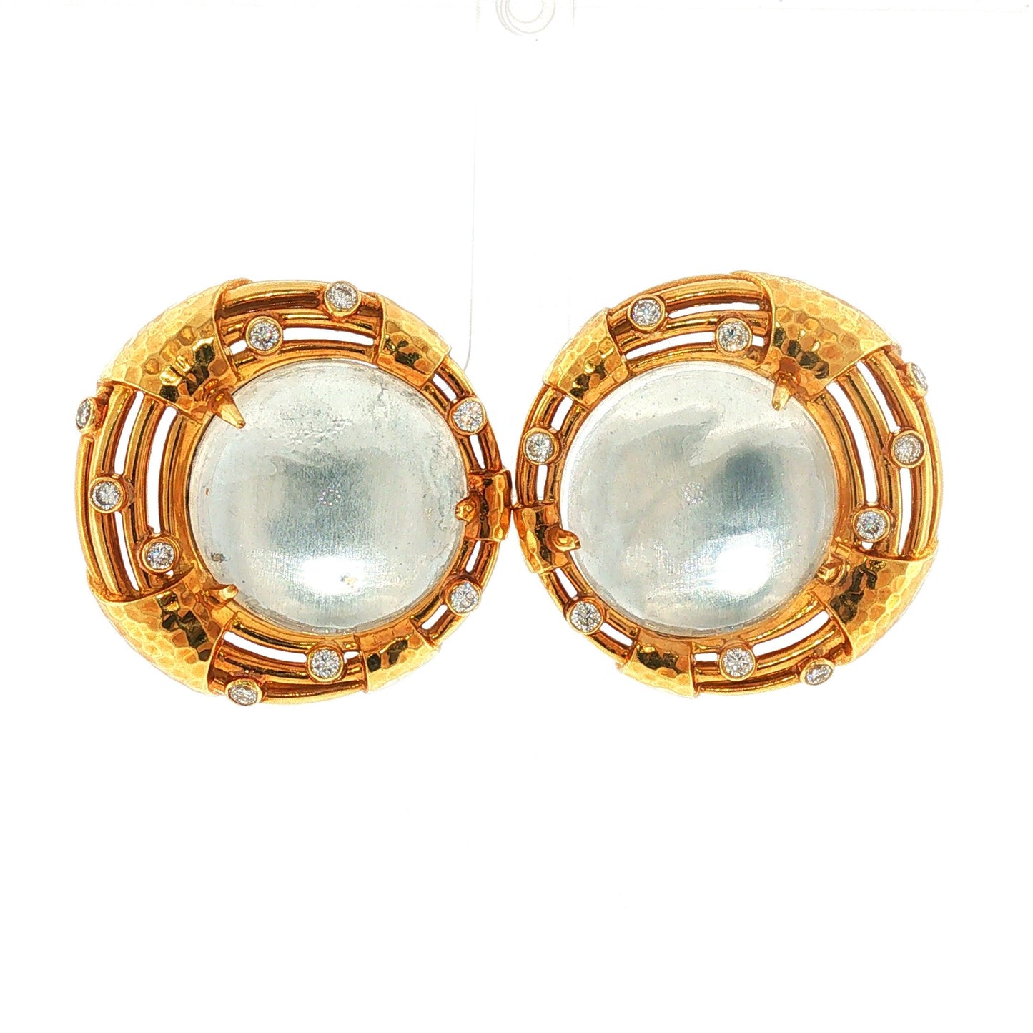 Vintage Andrew Clunn Rock Crystal Quartz Cabochon Earrings w/Diamonds 18K Gold