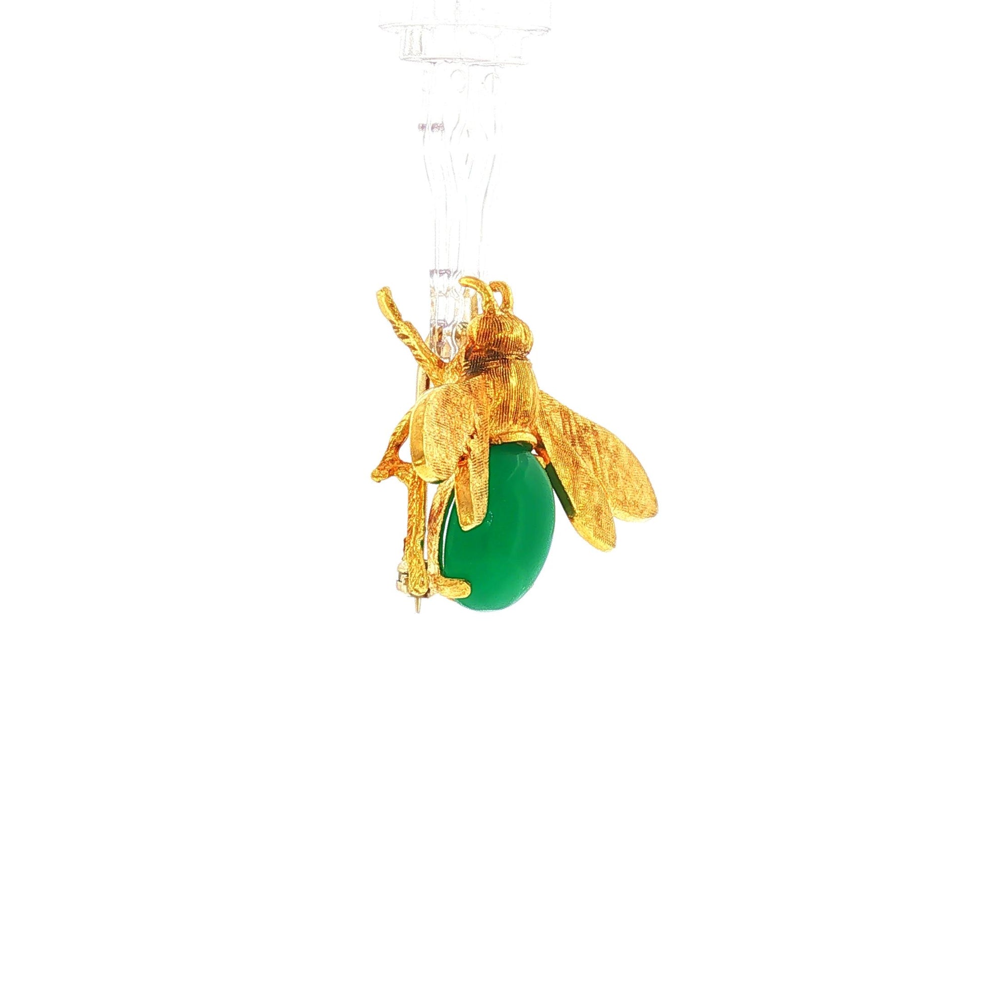 Vintage Italian Chrysoprase and 18K Yellow Gold Textured Bee