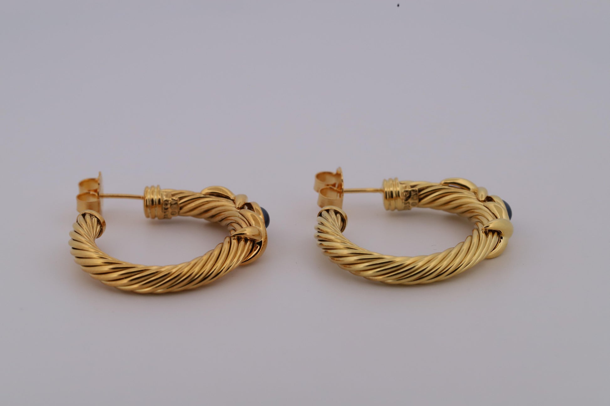 David Yurman 18K Gold Braided Rope Hoop Earrings w/Sapphires