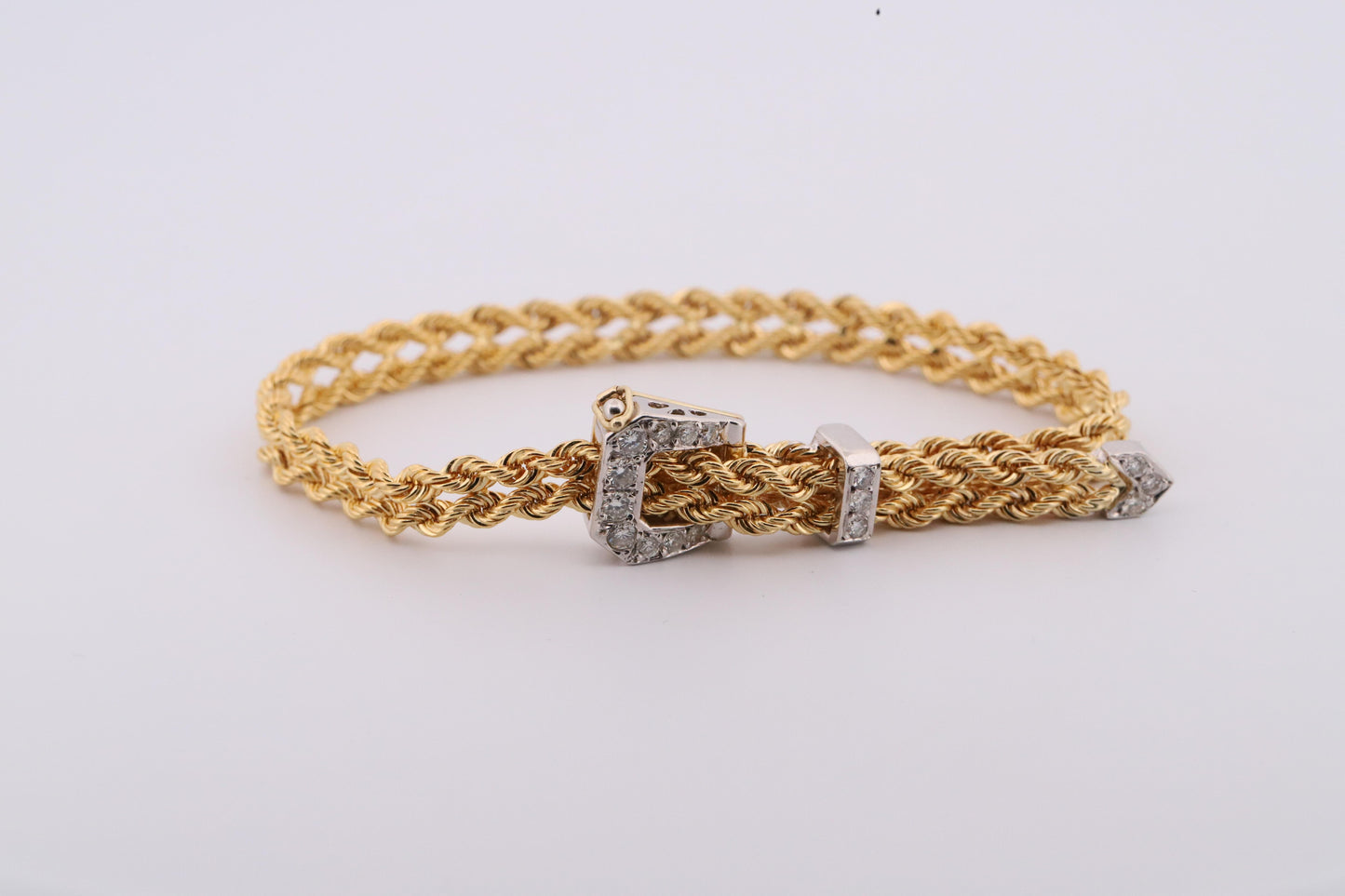 Vintage 14K Gold Rope Bracelet Belt with Diamond Buckle Clasp