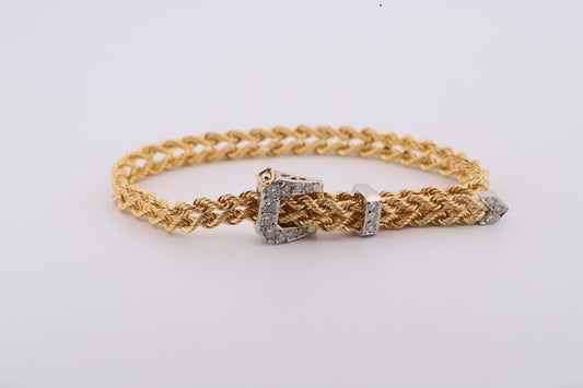Vintage 14K Gold Rope Bracelet Belt with Diamond Buckle Clasp