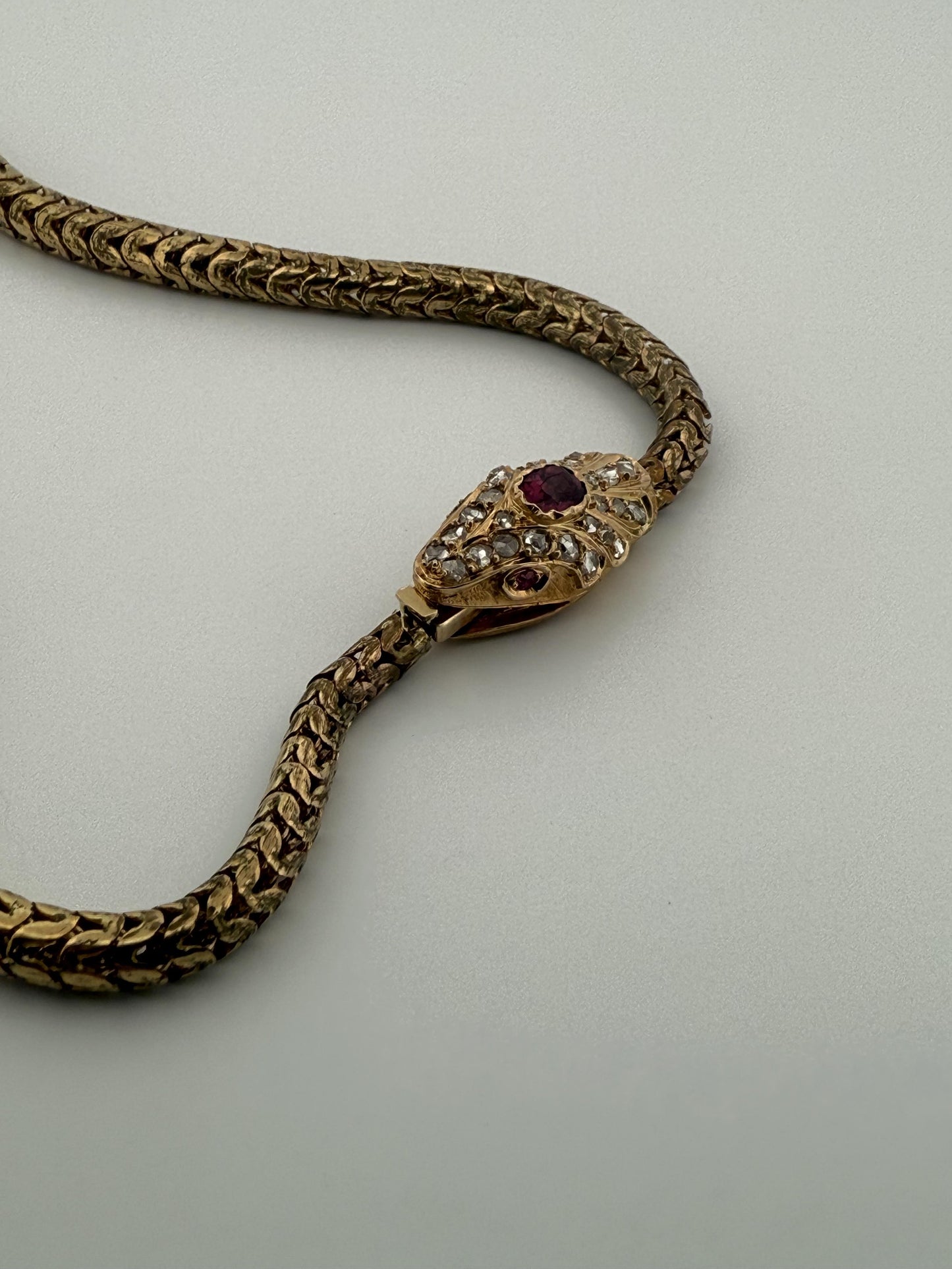 French Vintage 14K Snake Bracelet with Diamonds and Ruby Eyes