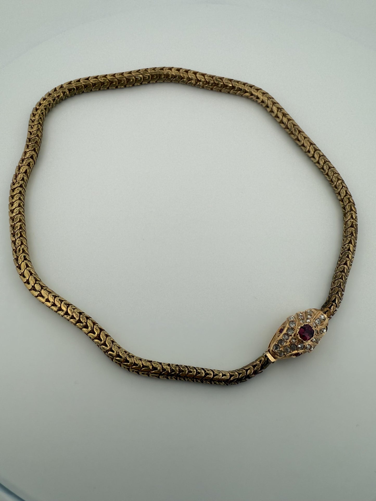 French Vintage 14K Snake Bracelet with Diamonds and Ruby Eyes